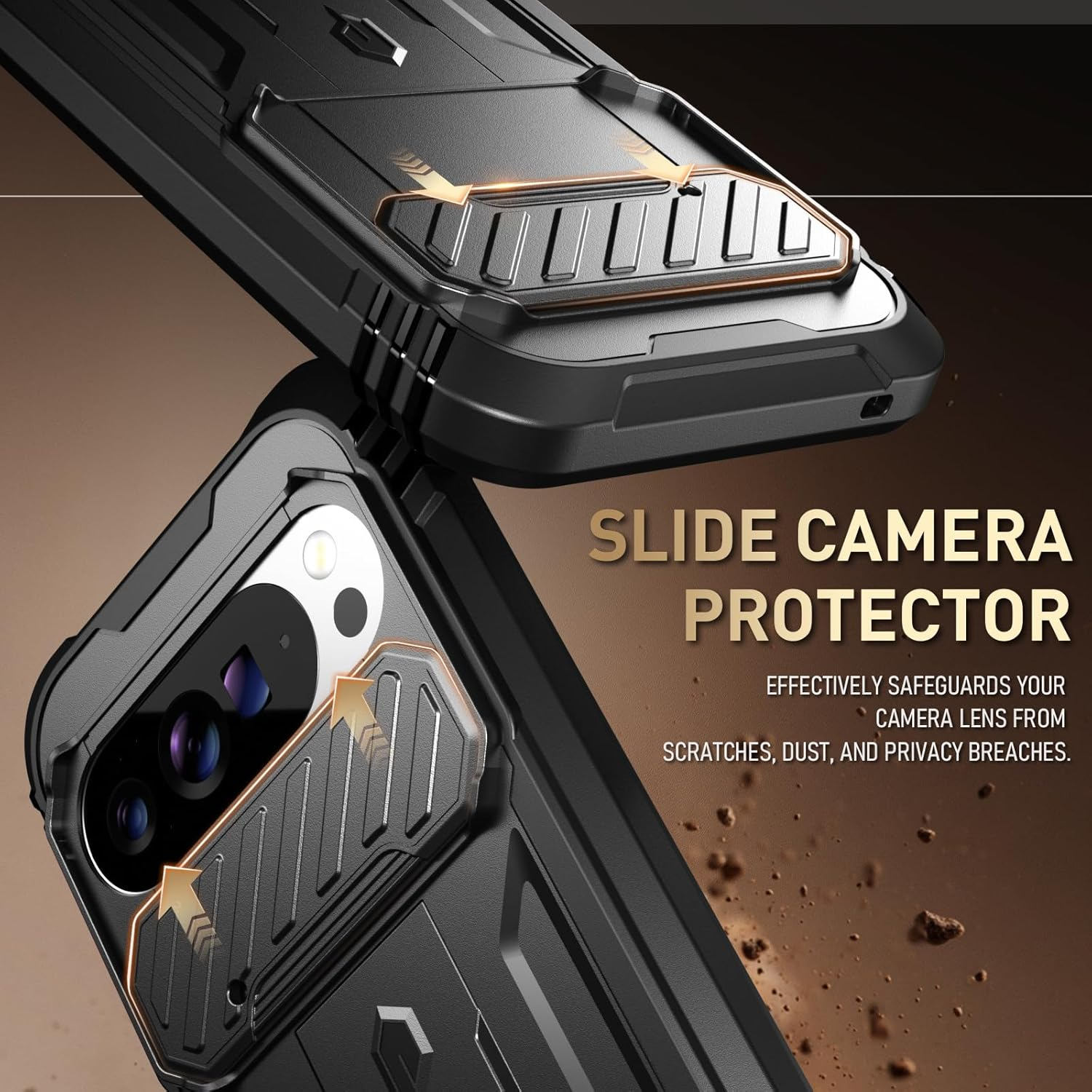 Poetic Revolution Case for Google Pixel 10 Pro XL 5G, [Slide Camera Cover], Built-In Screen Protector [Work with Fingerprint ID], [2 Front Frame] Full Body Rugged Shockproof Case with Kickstand, Black image number 2