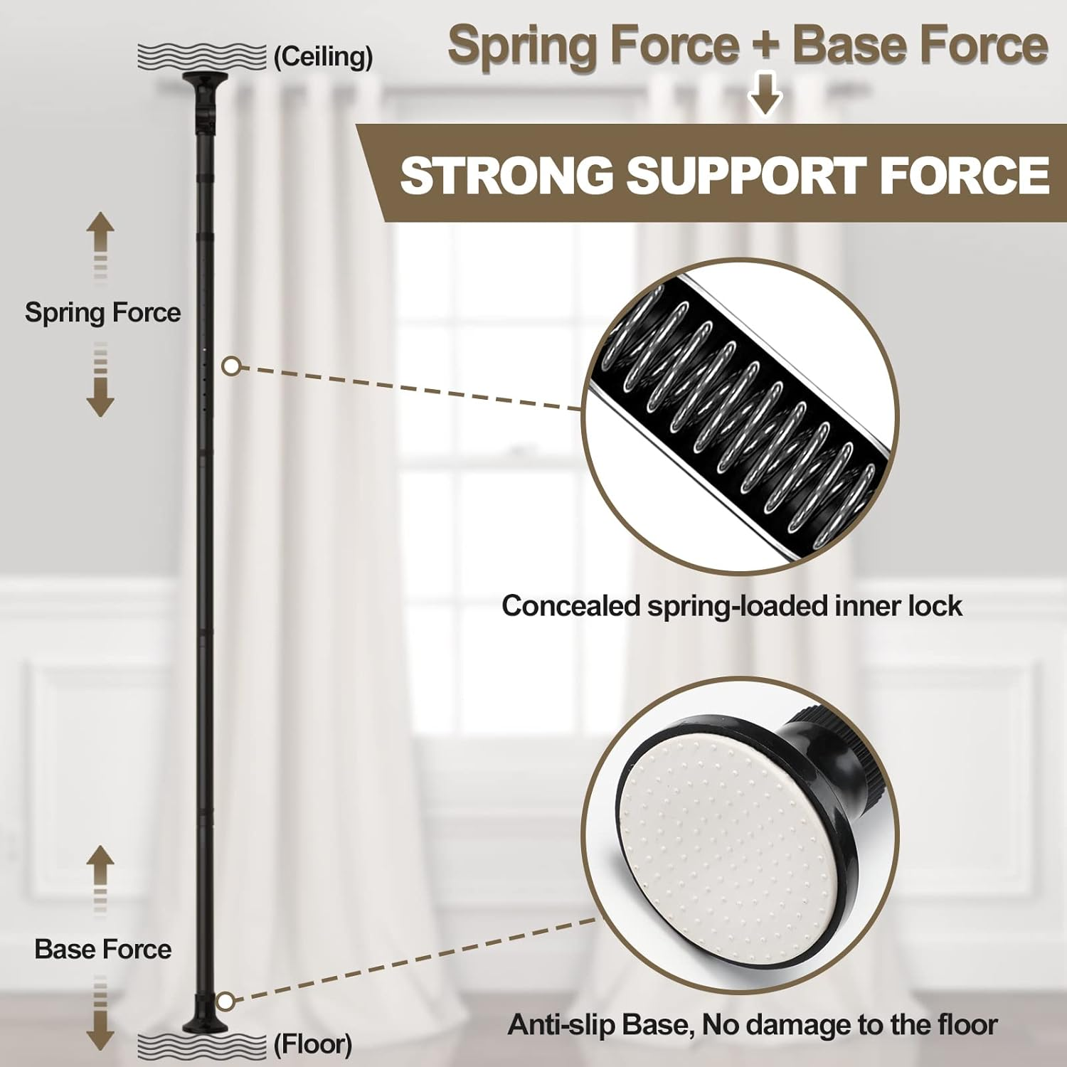 HORSE SECRET Room Divider Curtain Rod, Vertical Tension 28-70Inch(W) 4-10Ft (H) Adjustable Heavy Duty Floor to Ceiling Self Stand - Anywhere Freestanding Damaging Free for Space Partition Matt Black image number 1