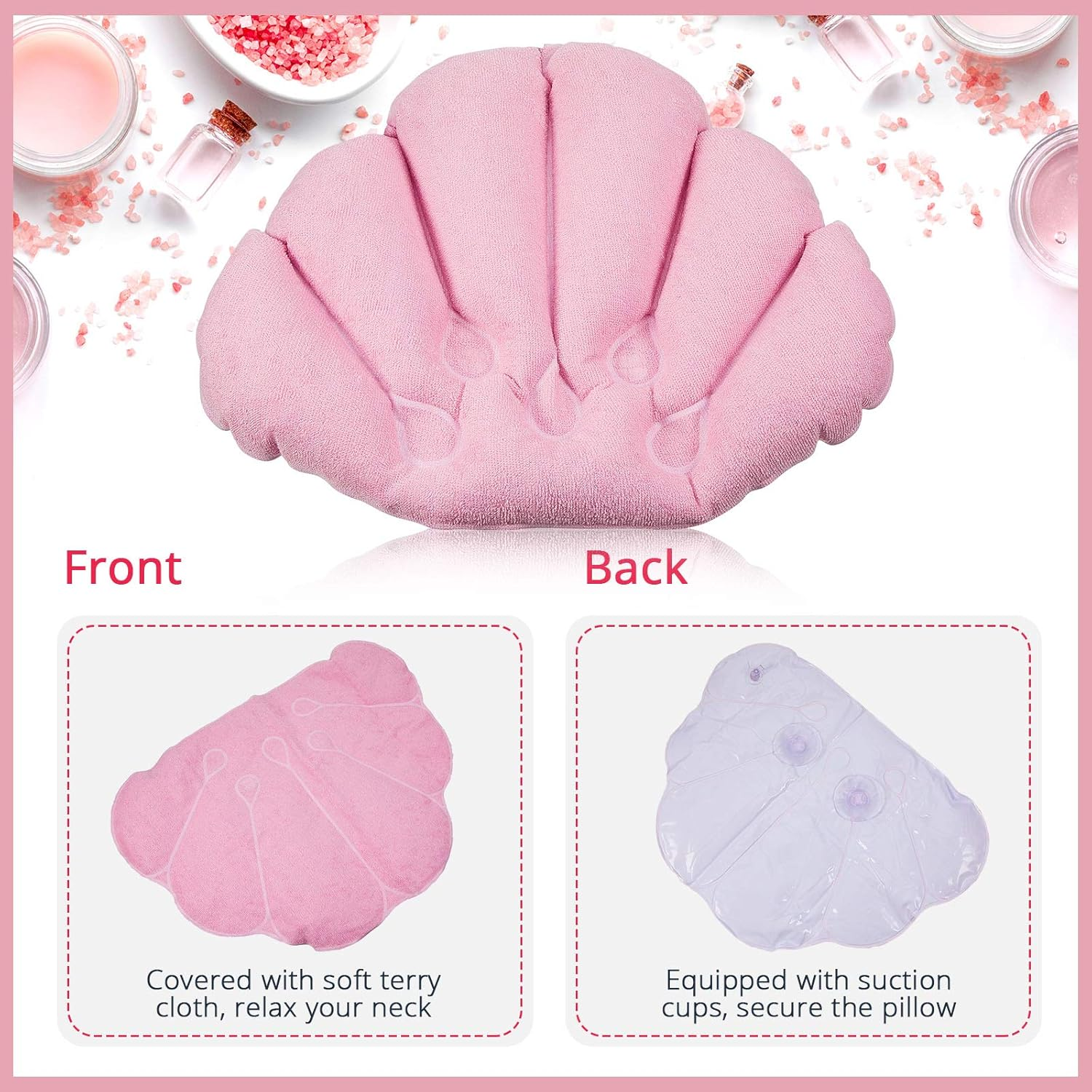2 Pieces Inflatable Bath Pillow with Suction Cups, Terry Cloth Covered Bath Pillow Shell Shape Bathtub Spa Pillow Comfortable Soft Bath Cushion, Neck Support for Bathtub, Hot Tub, Home Spa Tub