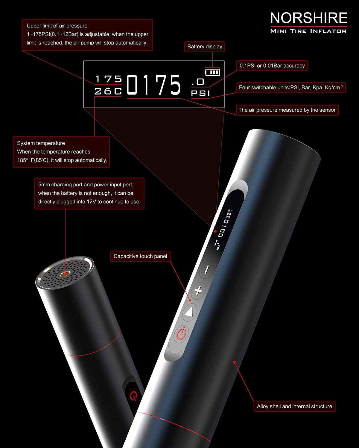 Norshire Tire Inflator Digital Portable Air Compressor with 90% Metal and 0.01 Precision, TFT Color Touch Screen Display, Rechargeable Li-Ion Battery, for Bike, Car, Ball image number 4