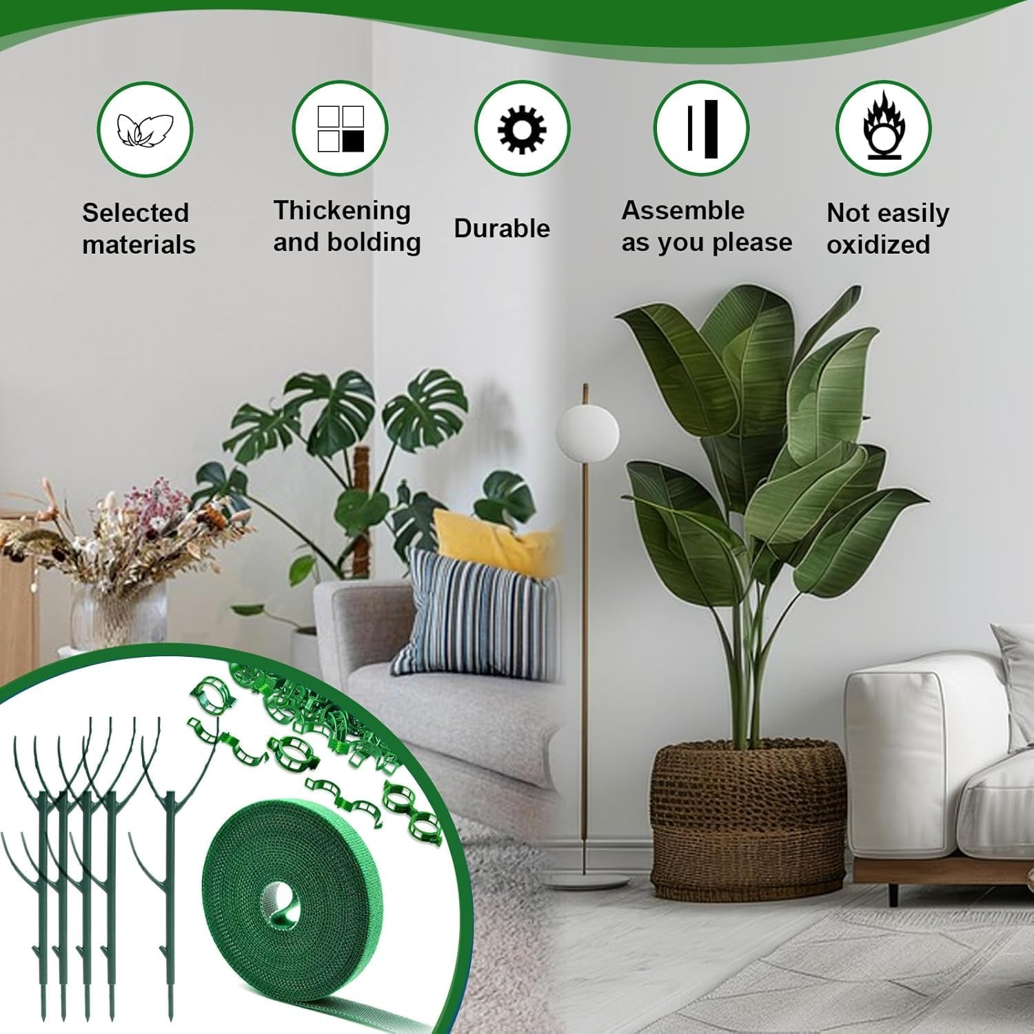 Plant Stem Support-5Pack Adjustable Plant Support Pole, Stackable Plant Support Stakes for Indoor/Outdoor, Green, Plastic, Climbing Plant Support Structure, Rectangular, 11 Inches, Rustic