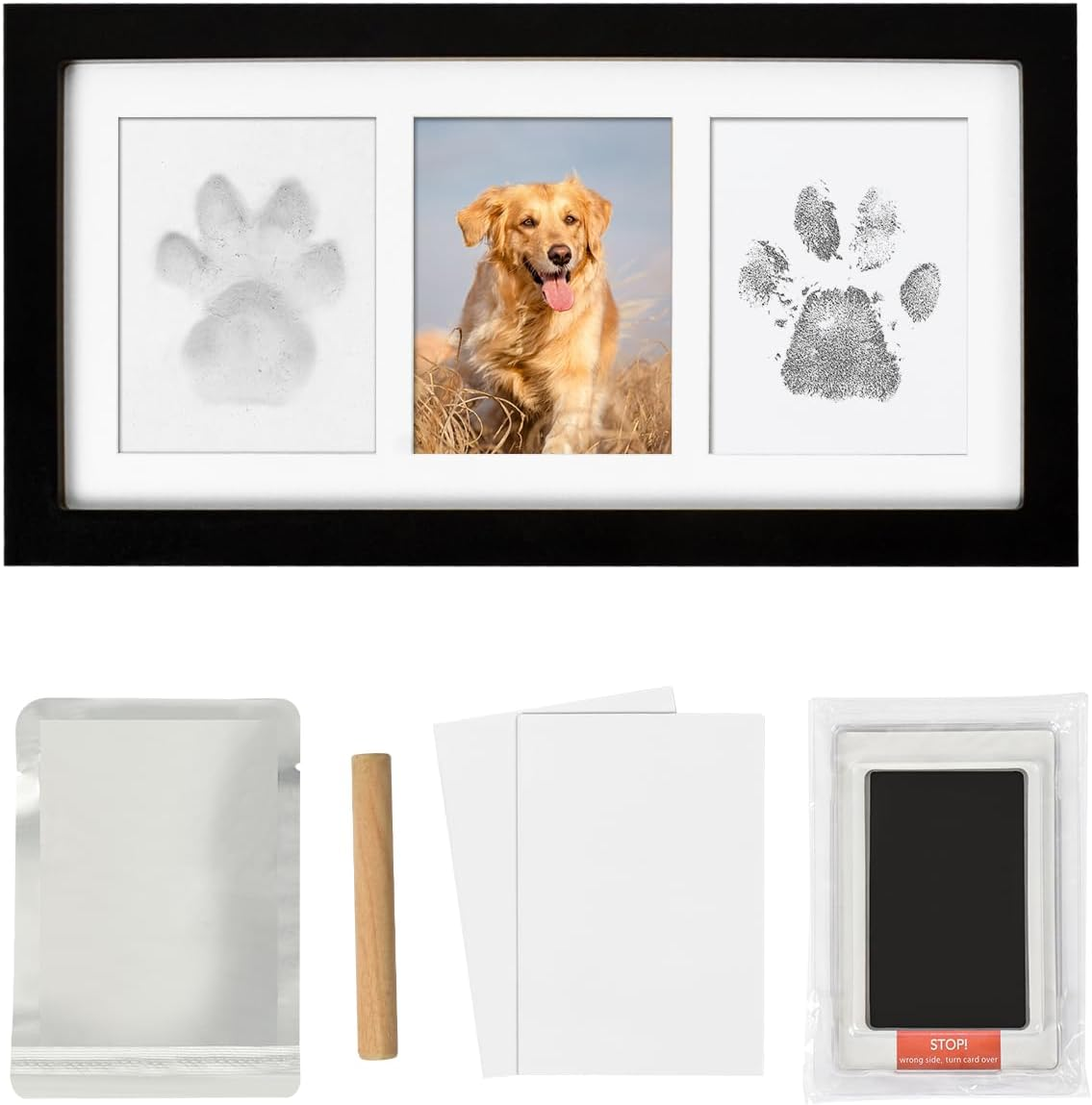 Dog Paw Print Photo Frame Kit with No Toxic Clay & No Mess Ink Pad, Wooden Pet Memorial Picture Frames, Dog Paw Print Kit Keepsake, Cat Paw Print Impression Kit, Memorial Gifts for Pet Lovers, Black, Paw Print Kit White Frame image number 2