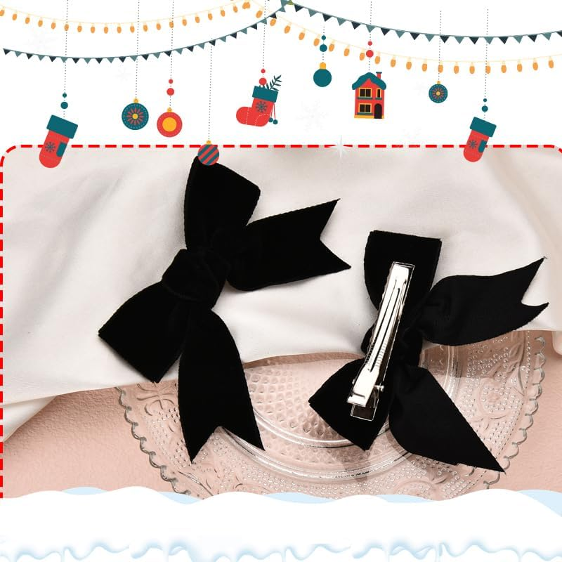 Black Bows for Hair Velvet Bow Hair Clips for Teen Girls Ribbon Hair Bow Barrettes Black Velvet Bowknot Hair Accessories for Toddlers Hairpins Handmade Alligator Clip Christmas Xmas Gifts - Green image number 6