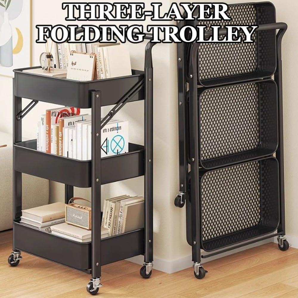 GUDAJIN 3-Tier Foldable Rolling Cart, Metal Cart with Handle, Foldable Mobile Organizer Cart, Multi-Function Storage Trolley, Rolling Storage Organizer Rack for Kitchen Pantry, Office (Black) - Blue image number 3