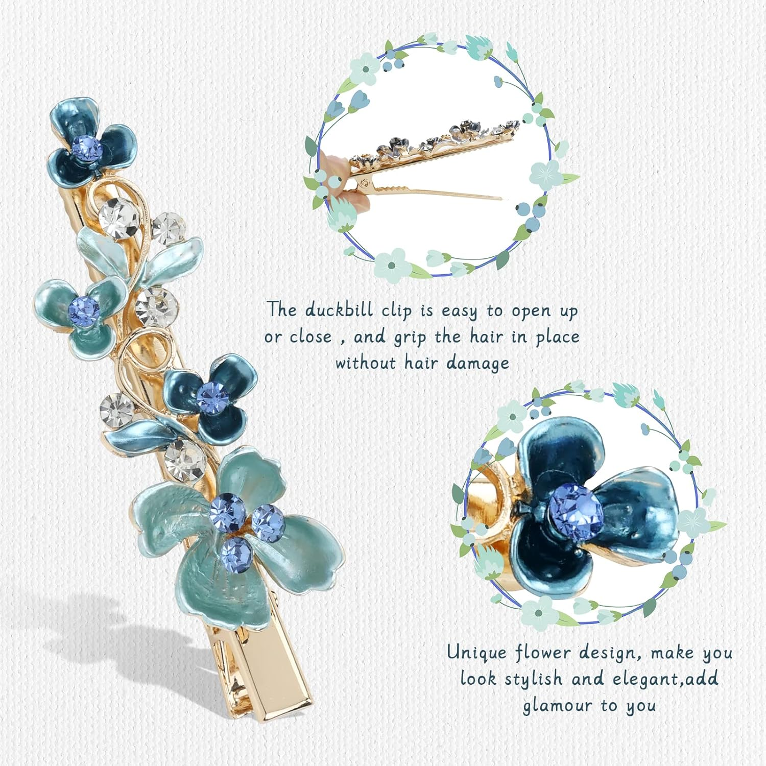 Lawie 12 Pack Colorful Sparkly Glitter Crystal Hair Jewelry Rhinestone Flower Duckbill Hair Clips Metal Alligator Hair Clips Fine Hair Ponytail Holder Decorative Hair Barrettes Accessories for Women image number 6