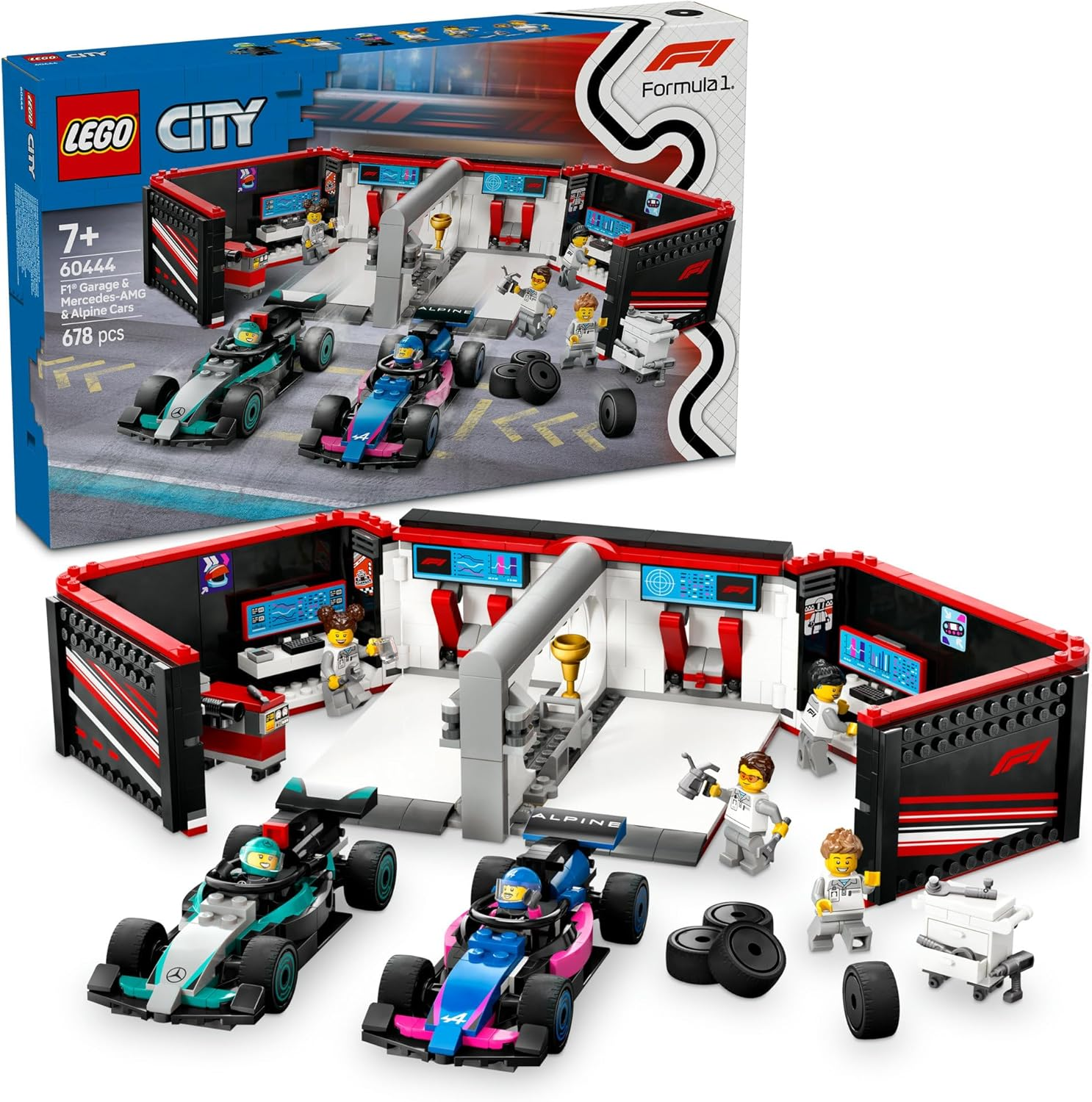 LEGO City F1 Garage & Mercedes-Amg & Alpine Cars Building Set with Formula 1 Racing Cars for 7+ Year Old Boys & Girls, Vehicle Model Construction Kit with Kids Toy Garage and 6 Minifigures 60444 image number 3