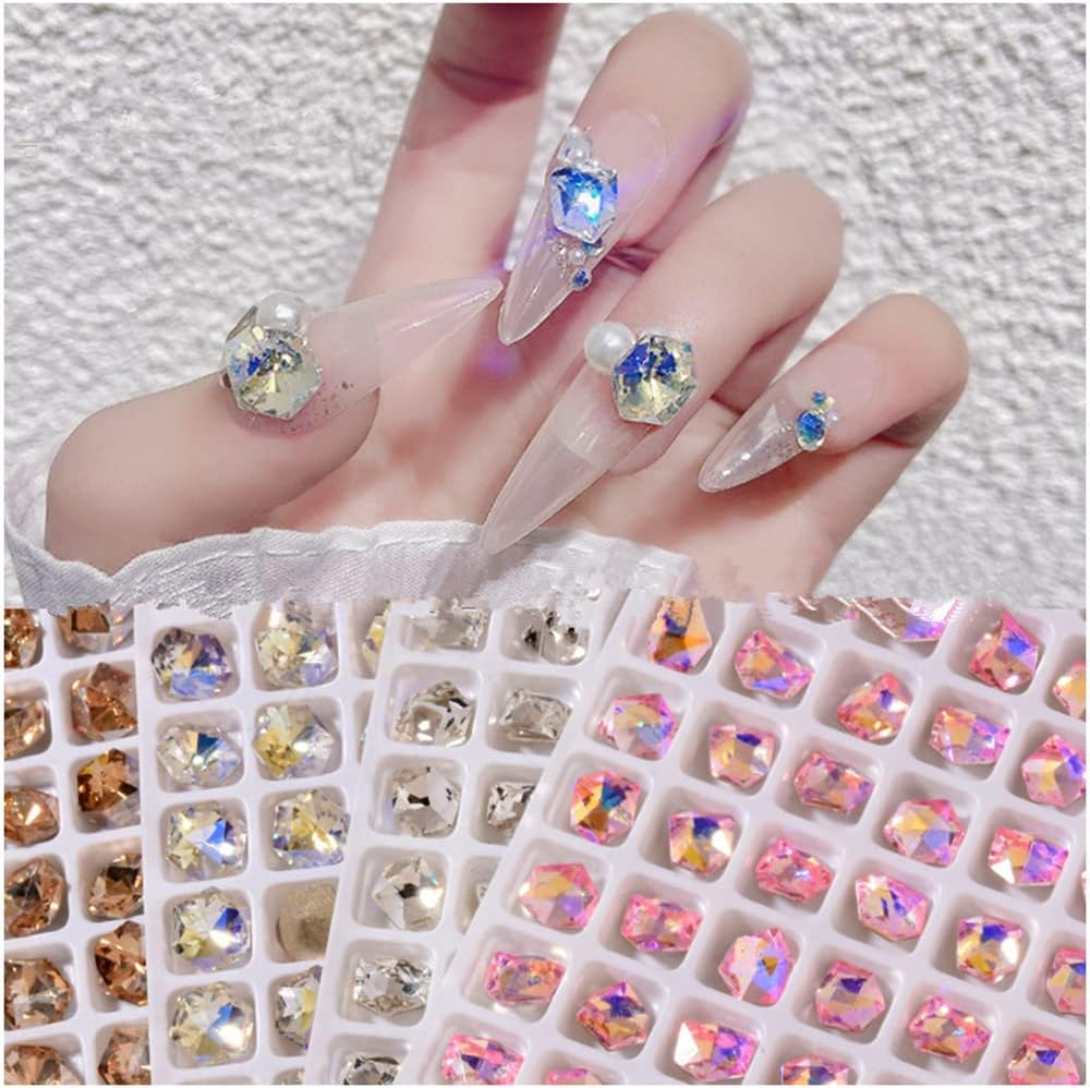 PTGMH 140 Pcs Crystals Rhinestones Set Nail Gems Pink Rhinestones Iridescent Clear Crystals Shiny Sharp Bottom Aurora 3D Nail Charms Nail Decorations for Nail Designs (Colorful) image number 2