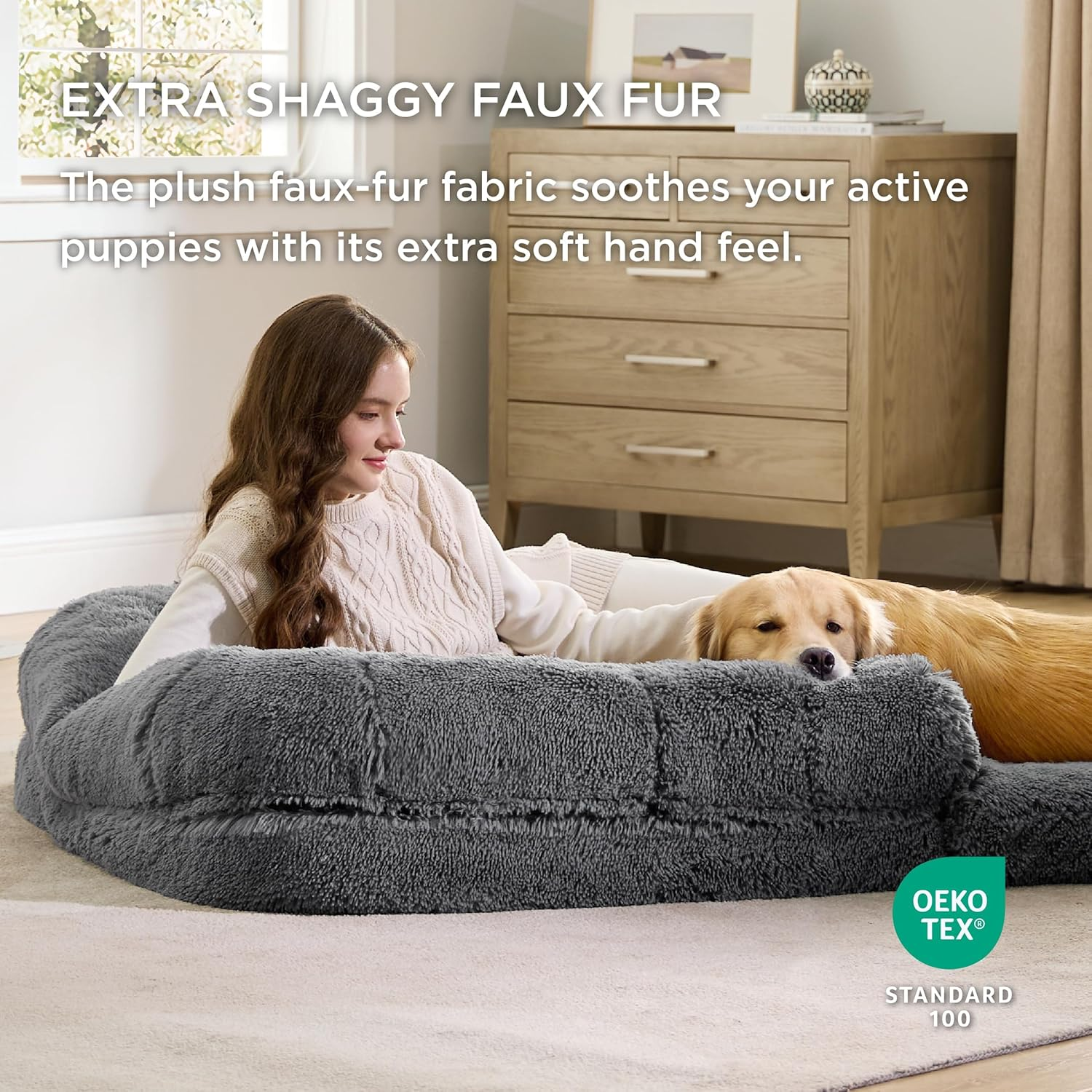 Foldable Human Dog Bed for People Adults, 2 in 1 Calming Human Size Giant Dog Bed Fits Pet Families with Egg Foam Supportive Mat and Waterproof Liner, Faux Fur Orthopedic Dog Sofa, Dark Grey image number 3