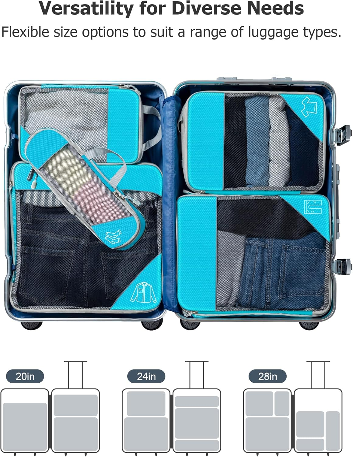 6 Set Ultralight Compression Packing Cubes, Travel Packing Cubes with Shoe Bag, Mesh Luggage Organisers Suitcase Accessories for Camp Travel Essentials Blue image number 2