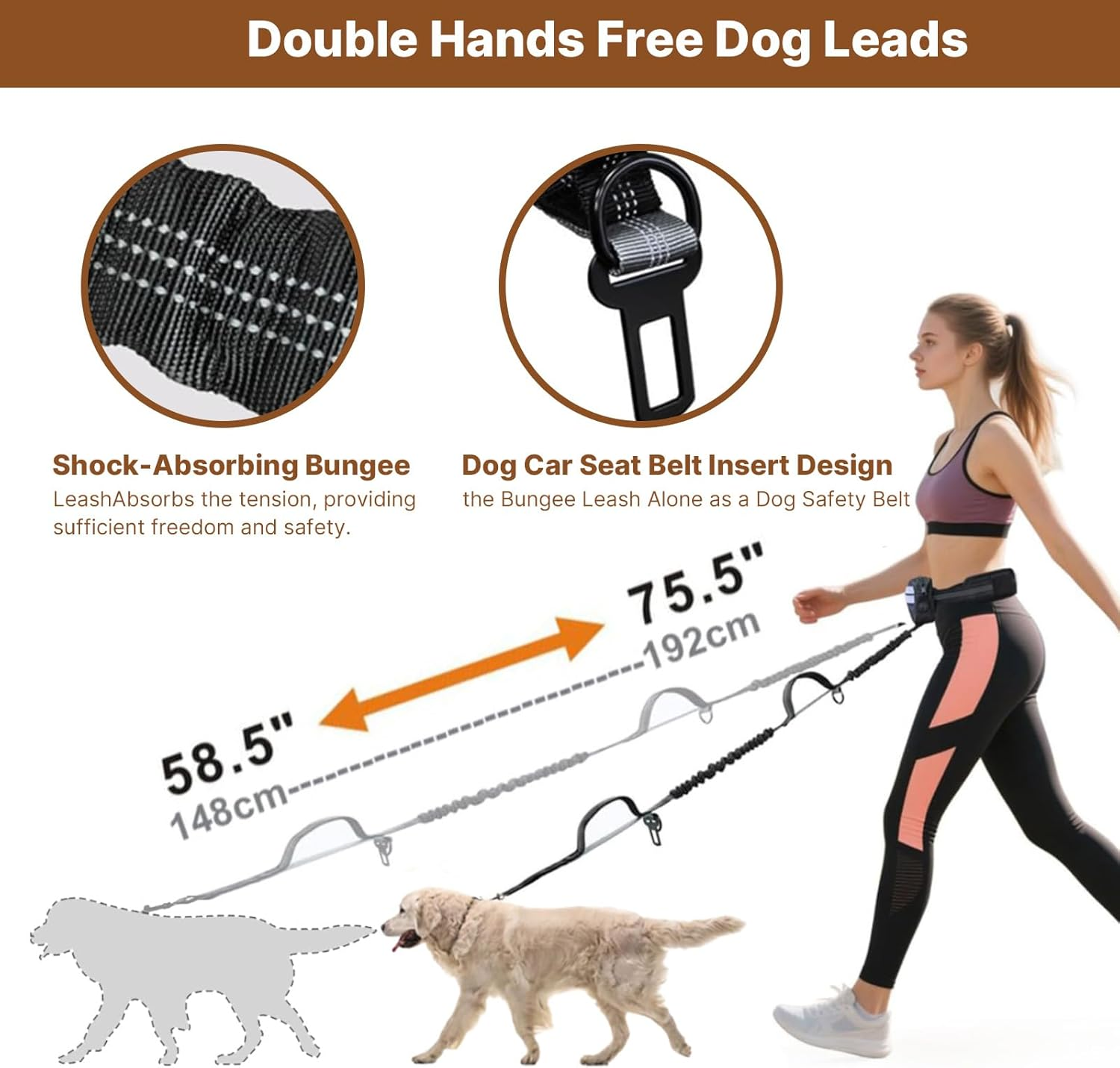 Hands Free Dog Leash with Zipper Pouch, Dog Running Leash with Adjustable Waist Belt, Double Padded Handles, Safety Harness Buckle, Reflective Retractable Bungee for Medium & Large Dogs image number 3