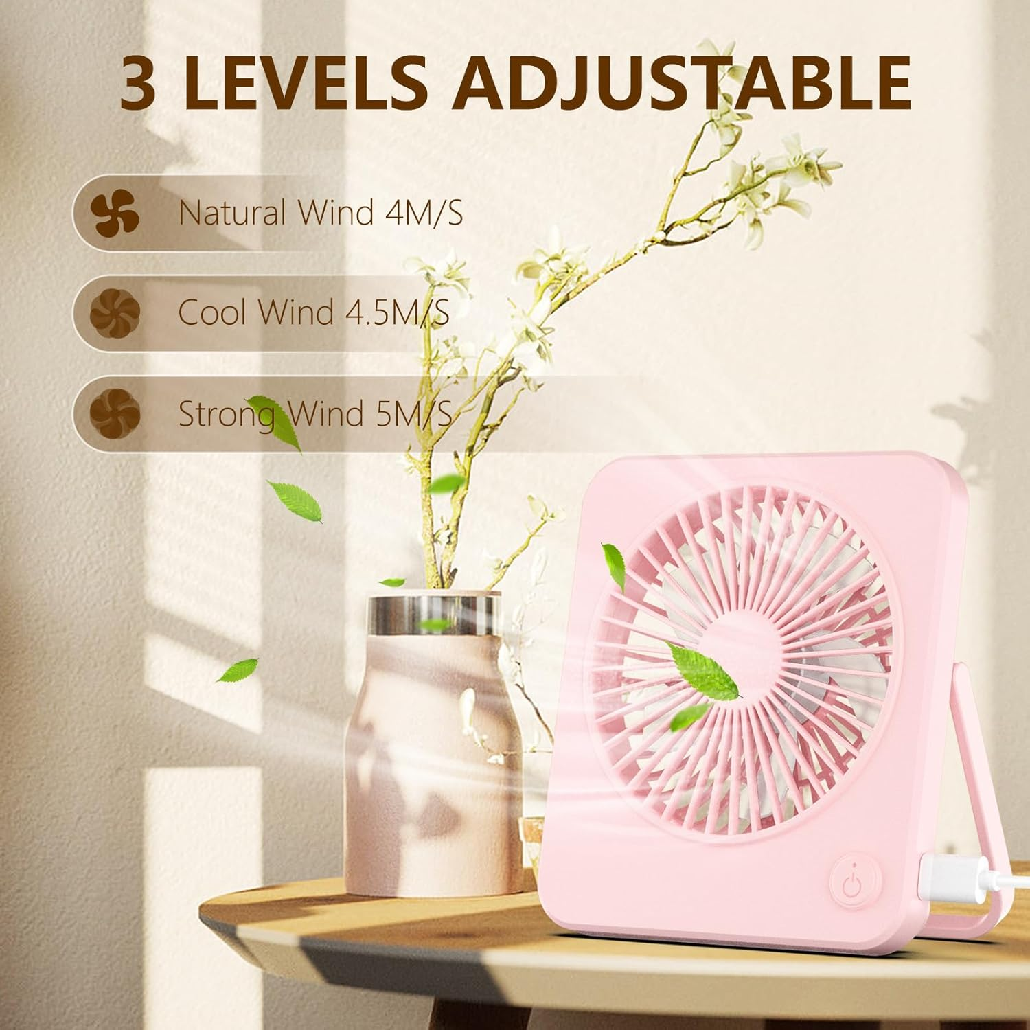 Hianjoo Mini Desk Fan, Personal USB Powered (No Battery) Portable Desktop Table Mini Cooling Fan 3 Speeds Angle Adjustable Quiet Strong Wind Small Fan for Home Bedroom Office Car, Cherry Blossom Pink