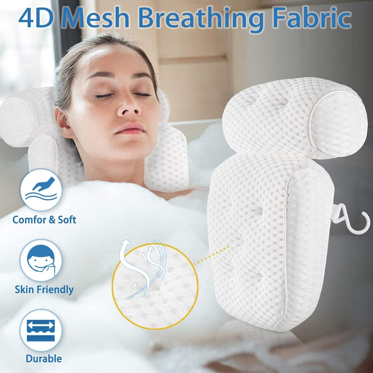 Bath Pillow for Bathroom,Bathtub Spa Pillow with 4D Air Mesh Technology and 7 Suction Cups,Support Headrest,Back,Shoulder and Neck Cushion,All Bathtub, Hot Tub and Home Spa,Extra Thick,Quick Dry,Soft image number 2