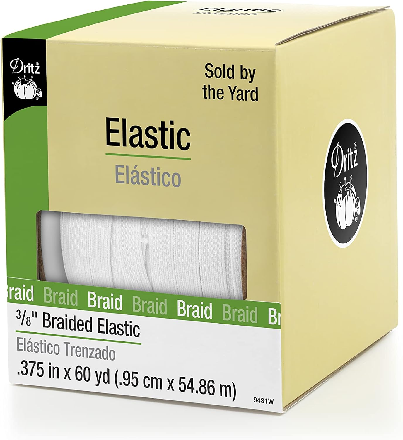 Dritz X, Black Braided Elastic, 1/8-Inch by 4-Yard - White, 3/8-Inch By 60-Yard
