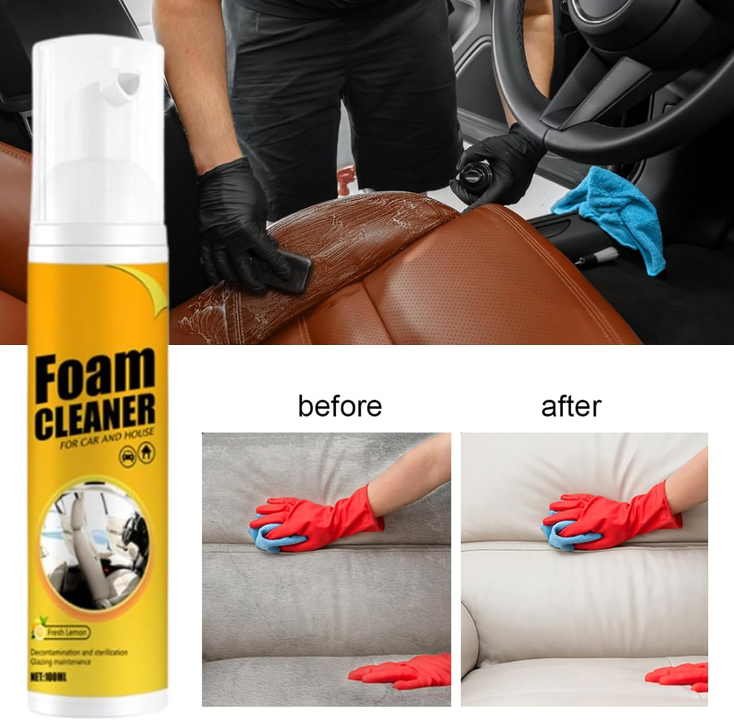 Fbinys Foam Cleaner for Car - Car Steering Wheel Foam Cleaner with Cloth and Sponge,100Ml Automotive Detailing Agent for Central Console Steering Wheel Dashboard Trim Door Upholstery image number 3