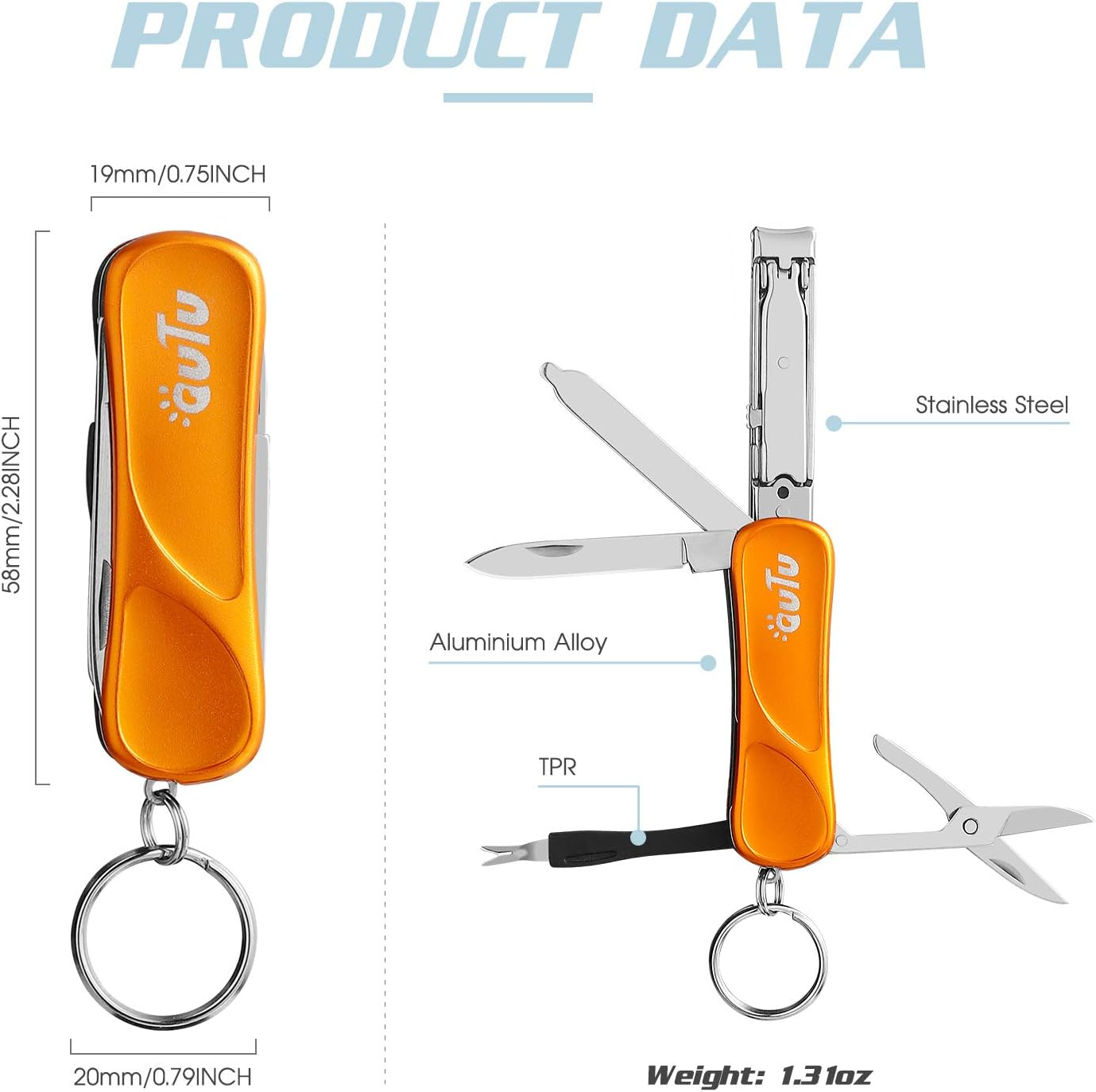 OUTU Keychain Nail Clipper Multitool, 7 in 1 EDC Utility Tool with Nail Clipper, Scissors, Gifts for Him Men Husband Dad Boyfriend (Orange) image number 6