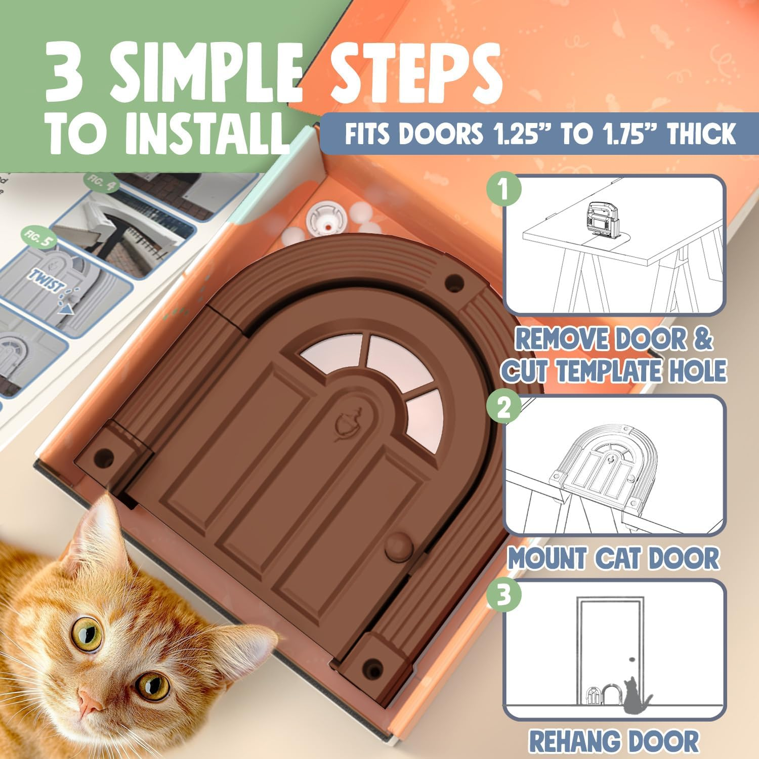 Easy Install Cat Flap - DIY Setup, No Training Needed, Suitable for Cats up to 20 Lbs - Secured Installation in Minutes - Original, Brown 3 image number 4