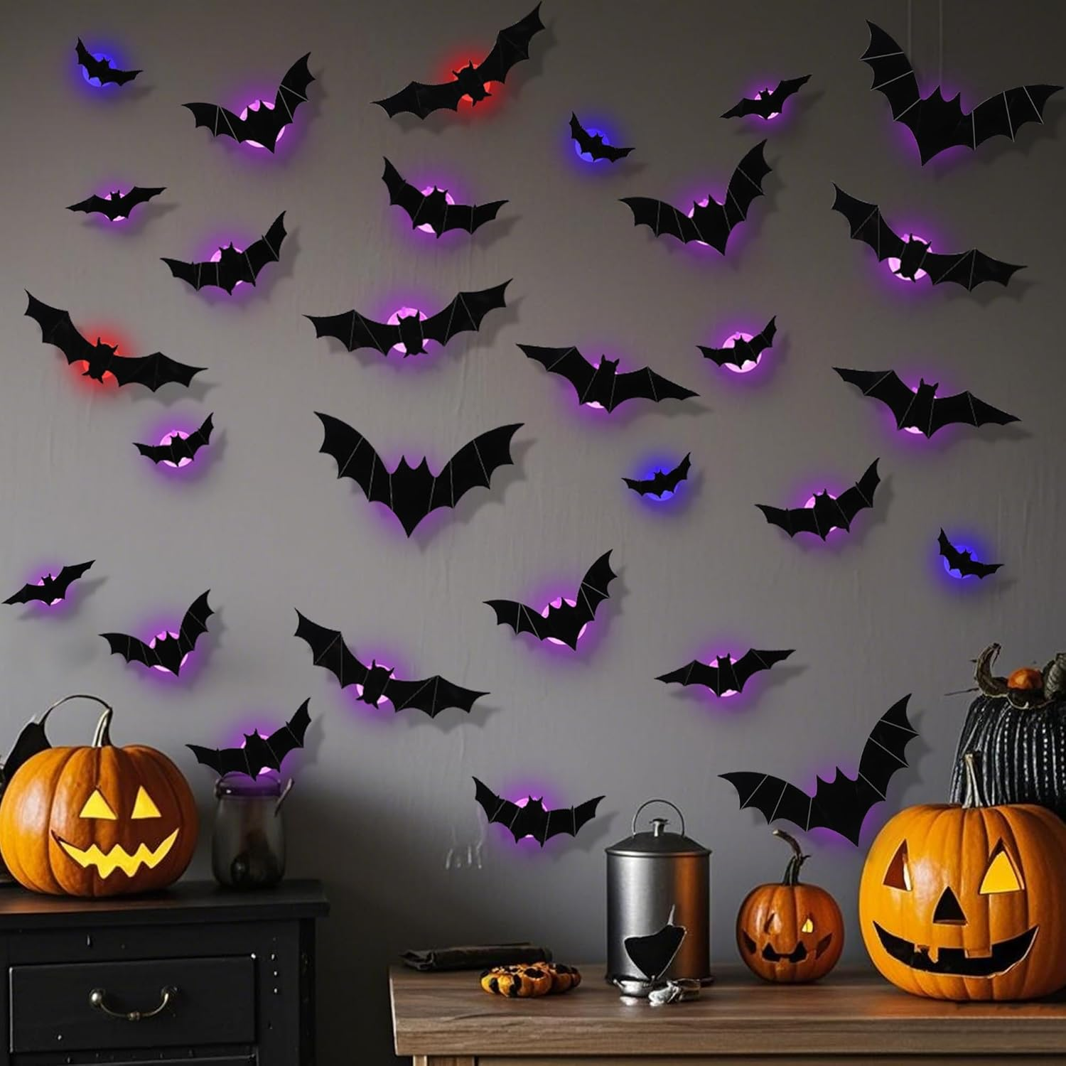 2025 New 3D Bats Halloween Wall Decor 36Pcs, 3D Bat Lights Design LED Decorations, Lighted Bat Stickers Assorted Size for Halloween Party, Bedroom Window Decorations, Indoor and Outdoor Home Decals image number 5