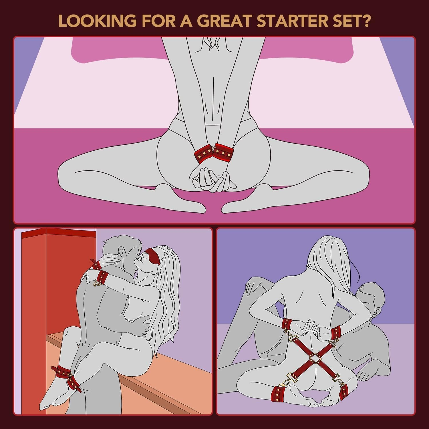 LONZYON Sex Bondage Restraints Kit, 11 PCS Bondage Set Couples Sex Toys with Adjustable Ankle, Thigh Sex Cuffs & Handcuffs, Thick Leather Material BDSM Toys Restraints Sex Things for Couples Kinky (Red) - Red image number 3