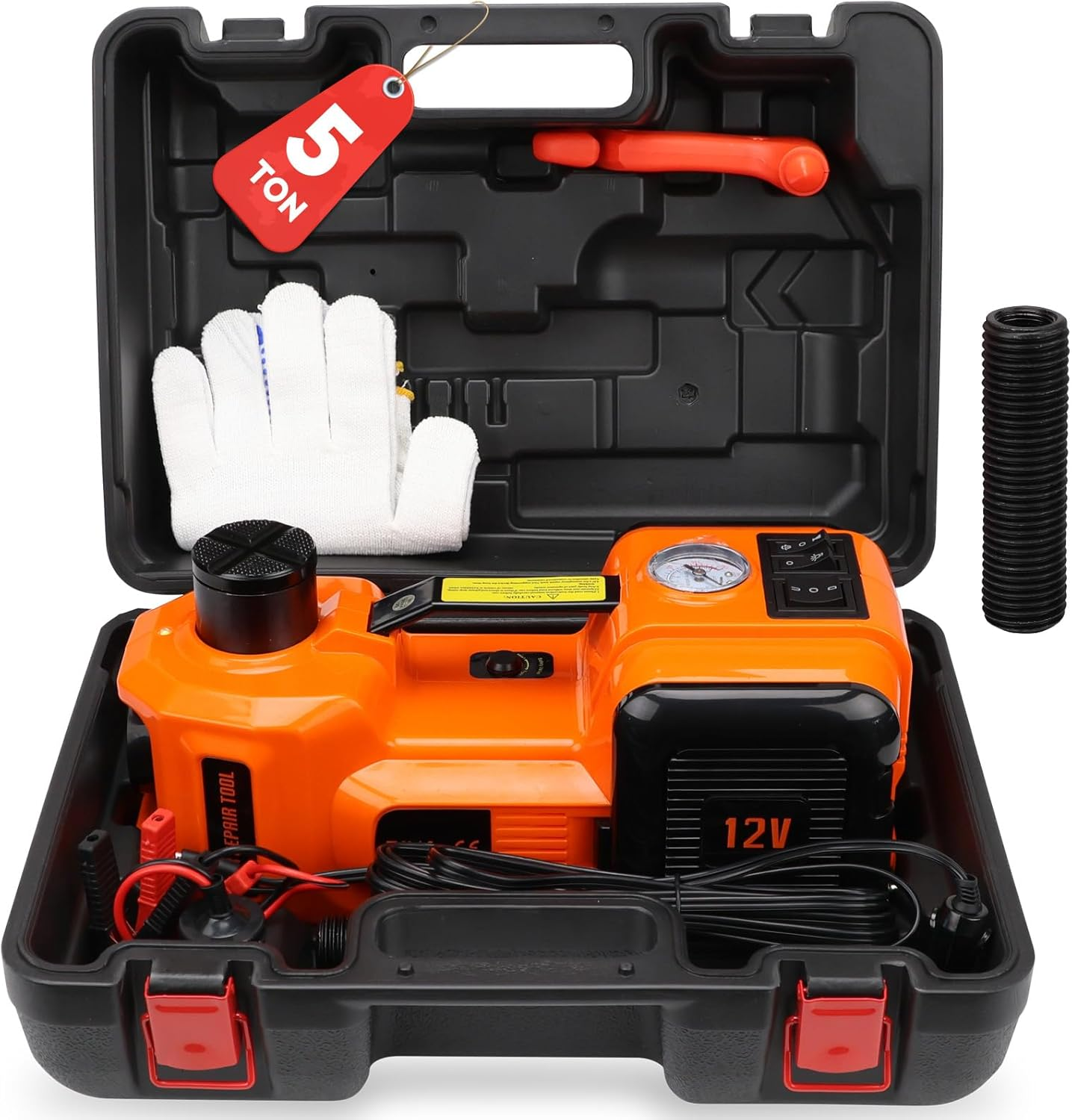 HORUSDY 12V 5T Electric Hydraulic Car Jack Kit with Built-In Air Pump & LED Light, Portable 3-In-1 Auto Floor Jack Lifting Set image number 1