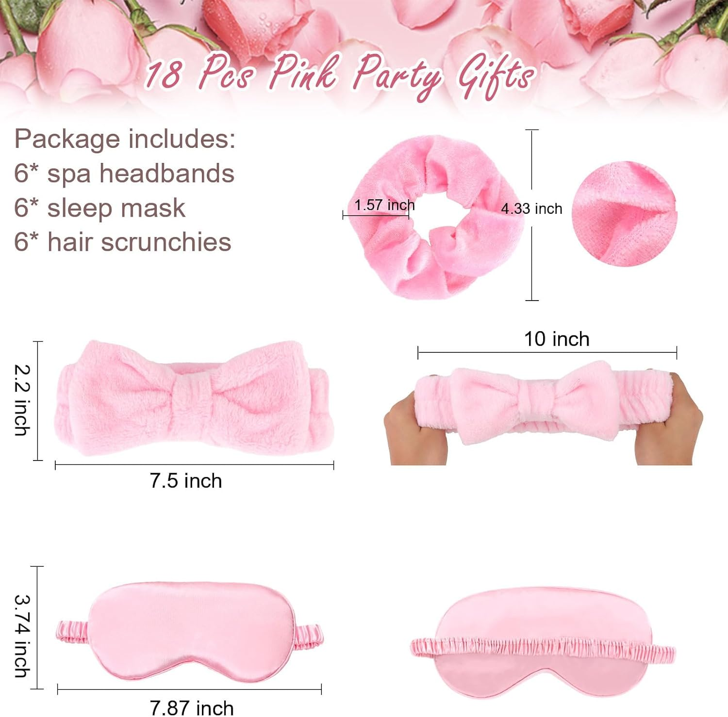 18 Pcs Sleepover Party Supplies for Girls - Pink Party Favors Include 6 Spa Headband, 6 Silk Eye Mask and 6 Velvet Scrunchies for Spa Birthday, Bachelorette, Slumber (Pink) image number 3