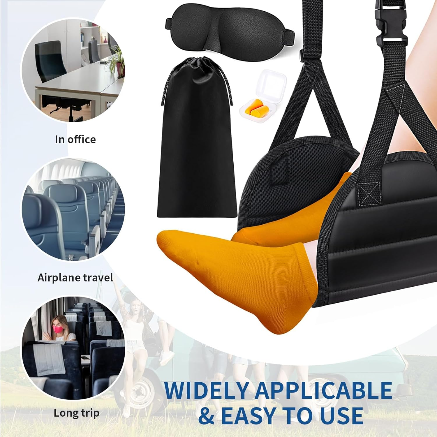 Airplane Foot Hammock (Memory Foam) - Perfect Airplane Footrest to Relax Your Feet | Foot Hammock for Travel & Desk Use, Travel Essentials with Eye Mask and Earplugs image number 4