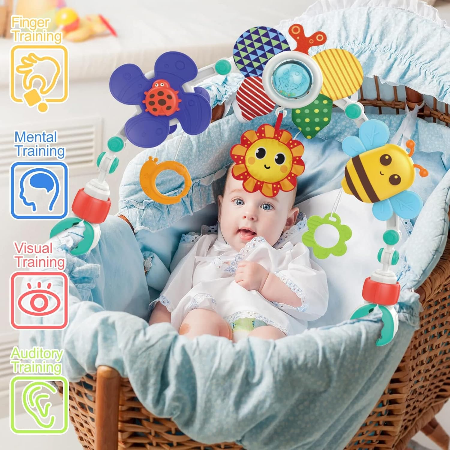 Baby Stroller Arch Toy, Newborns Sensory Activity Arch Toy with Teethers, Rattle & Windmill, Crib Car Seat Toys for Infants Toddlers 0-12 Month, Developmental 1-2 Year Old Boys Girls image number 4