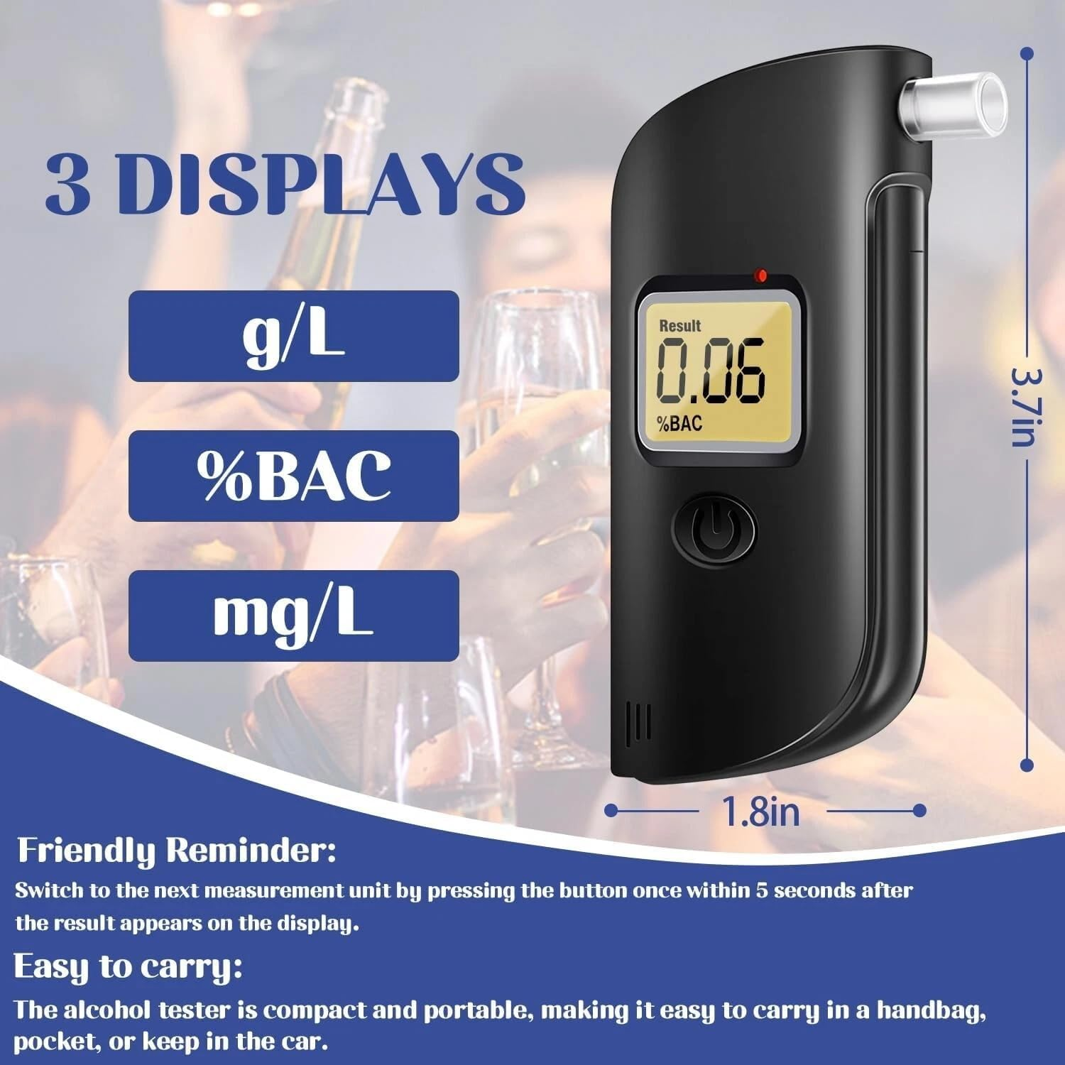 Portable Breath Alcohol Tester High Accuracy Alcohol Detector W/ 20 Mouthpieces image number 3