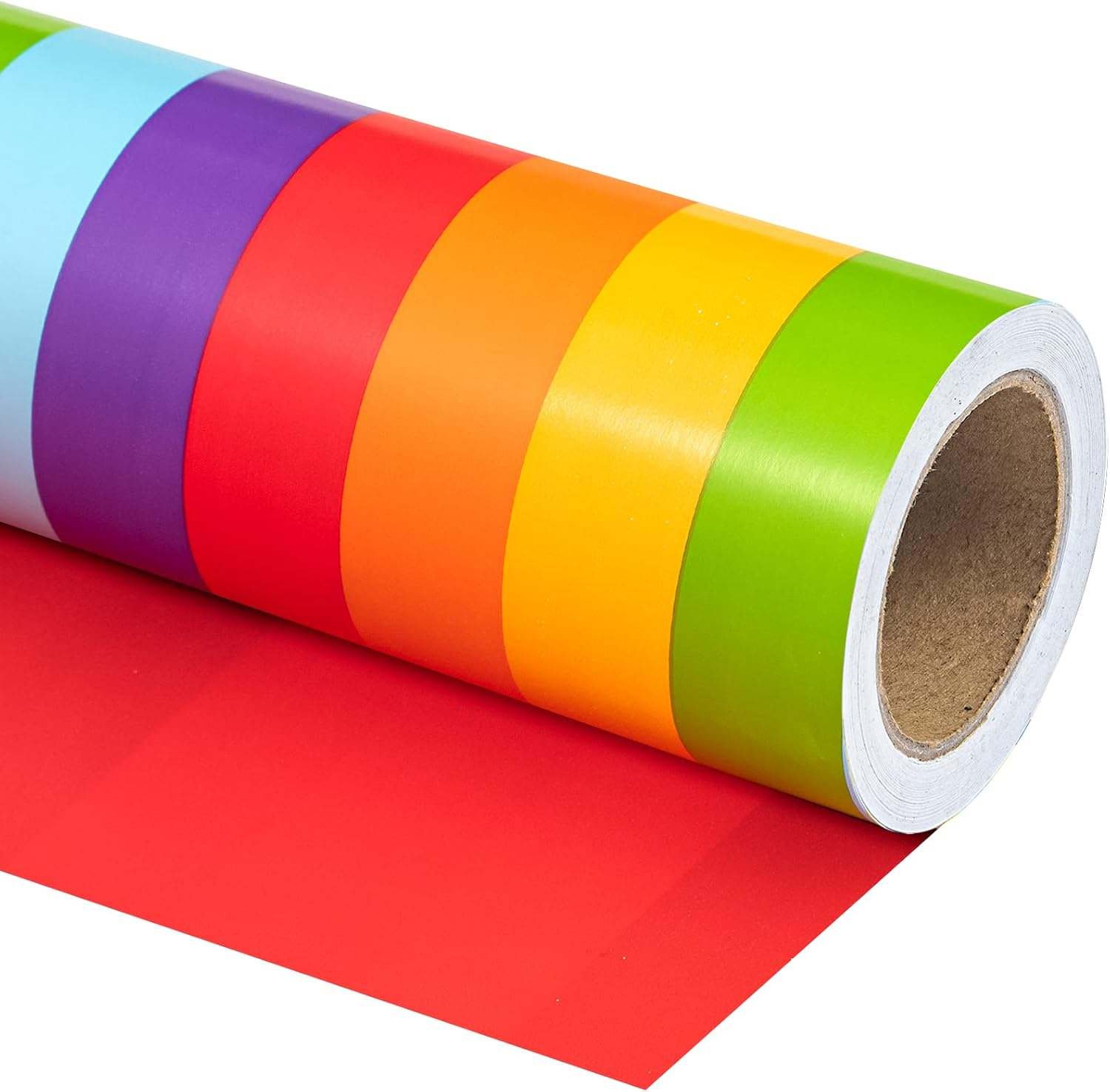 WRAPAHOLIC Reversible Wrapping Paper - Mini Roll - 17 Inch X 33 Feet - Rainbow Stripe and Solid Blue Design for Birthday, Celebration, Baby Shower