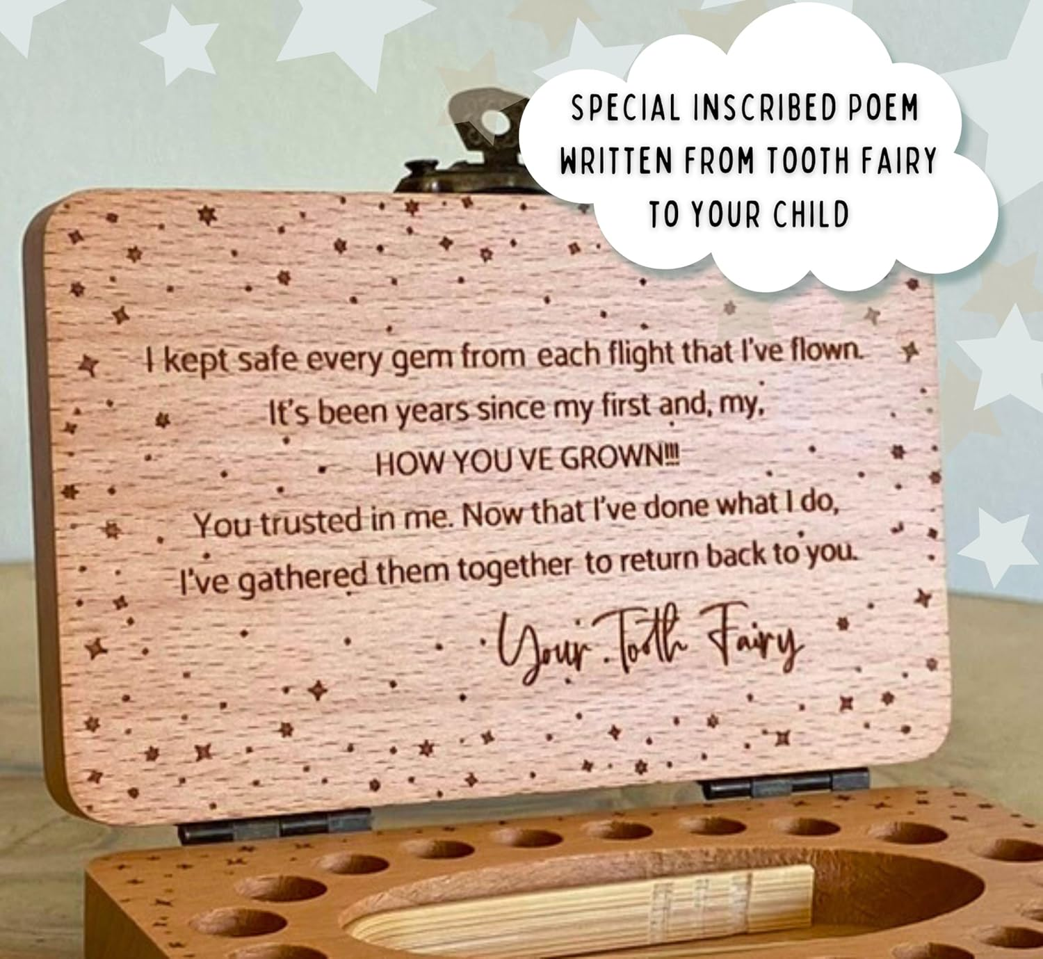 Tooth Fairy Keepsake Box for Girls & Boys, Tooth Fairy Box for 20 Baby Teeth, Wooden Tooth Storage & Saver Box for Lost Teeth, Tooth Fairy Gifts for Birthday (Natural Beech) image number 4