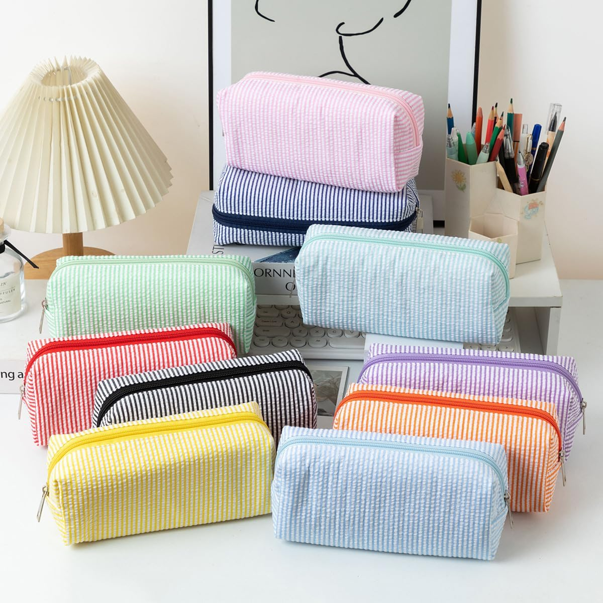 Hfhungkeong Cute Pencil Case, Seersucker Pencil Bag Desktop Stationery Finishing Large Capacity Embroidery Striped Travel Storage Bag, Multifunctional Cosmetic Pouch(Light Blue) - Light Blue image number 6
