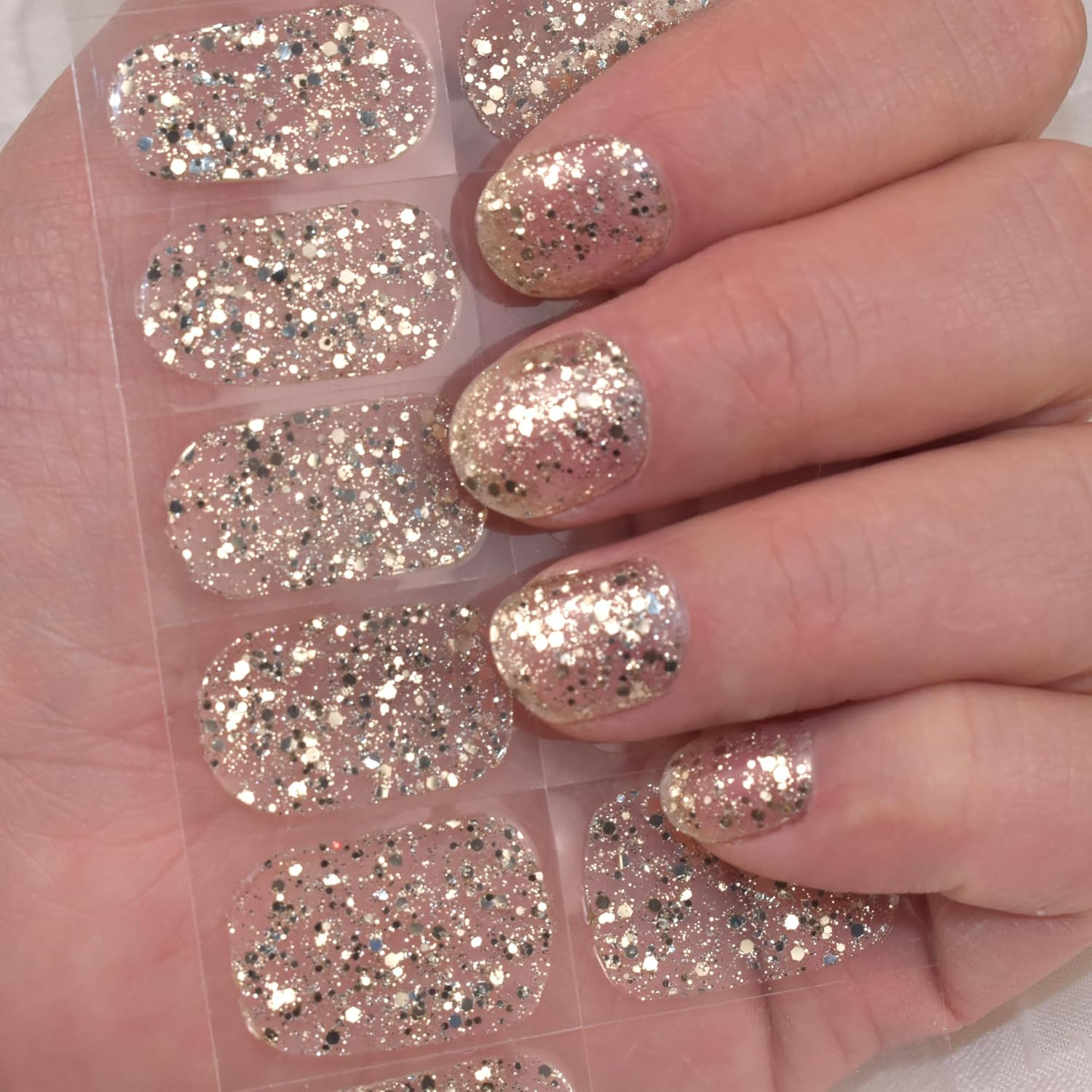 LIFOOST Glitter Gel Nail Strips Clear Nail Art Stickers 20 Extra-Long Gold Sequins Gel Manicure Wraps image number 1