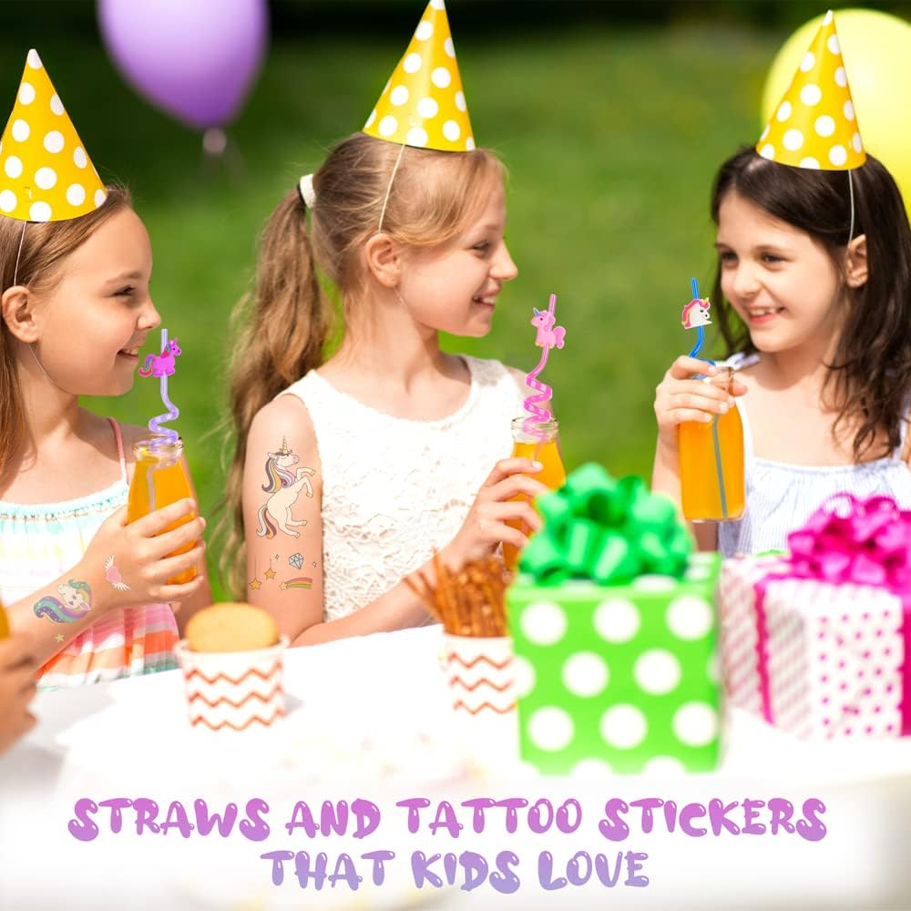 Pack of 12 Unicorn Drinking Plastic Straws + 4 Temporary Tattoos + 1 Cleaning Brush, Reusable Drinking Straws for Birthday Party Accessories
