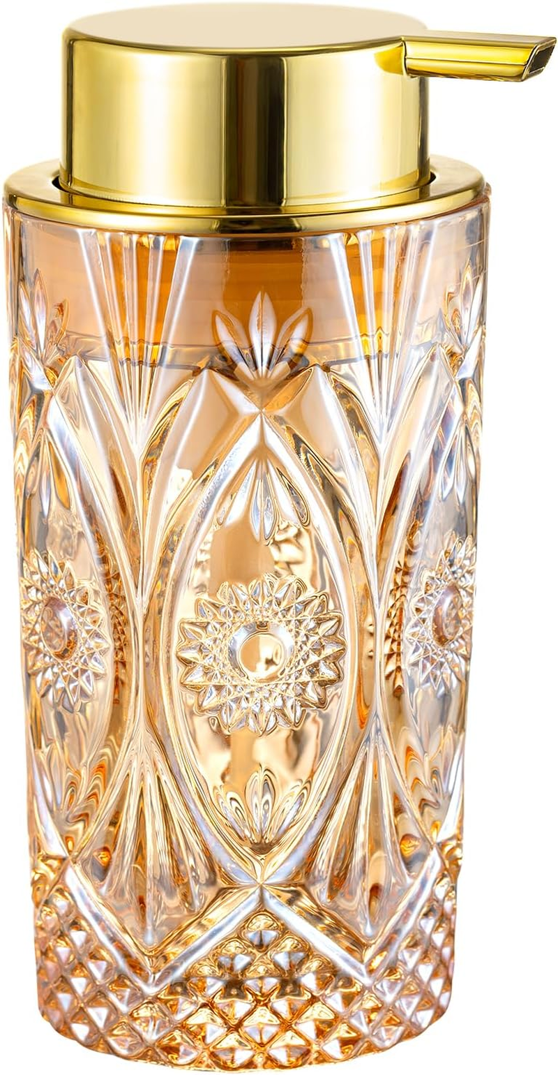 LEICURACE Glass Foaming Hand Soap Dispenser Foaming Soap Dispenser for Bathroom Clear Soap Dispenser with Pump (Amber Sun Patteren)