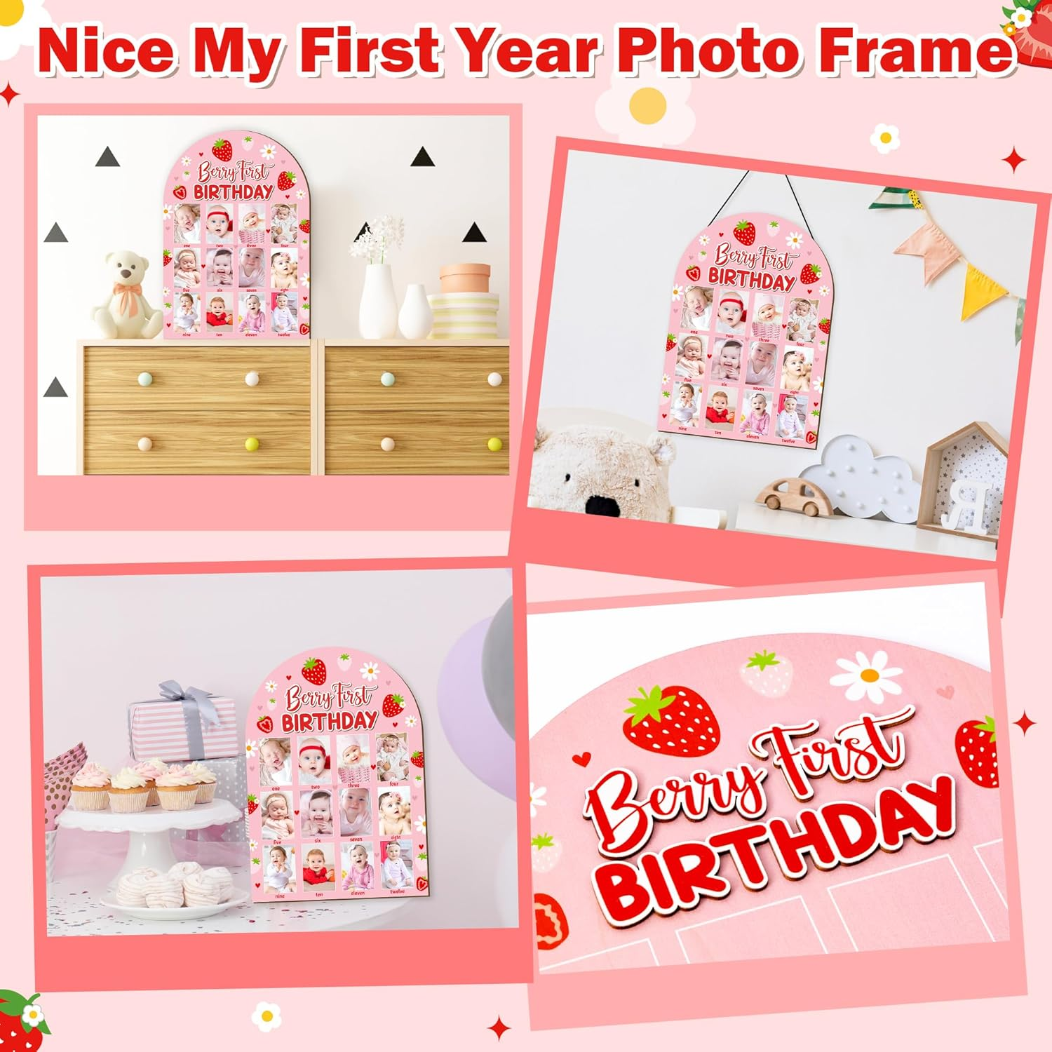 R HORSE 3D Berry First Birthday Wood Photo Display Board, Pink Strawberry Baby'S First Year Picture Frame, 1-12 Months Milestone Board Birthday Decorations Keepsake Gift for Baby Girls Nursery Decor image number 6