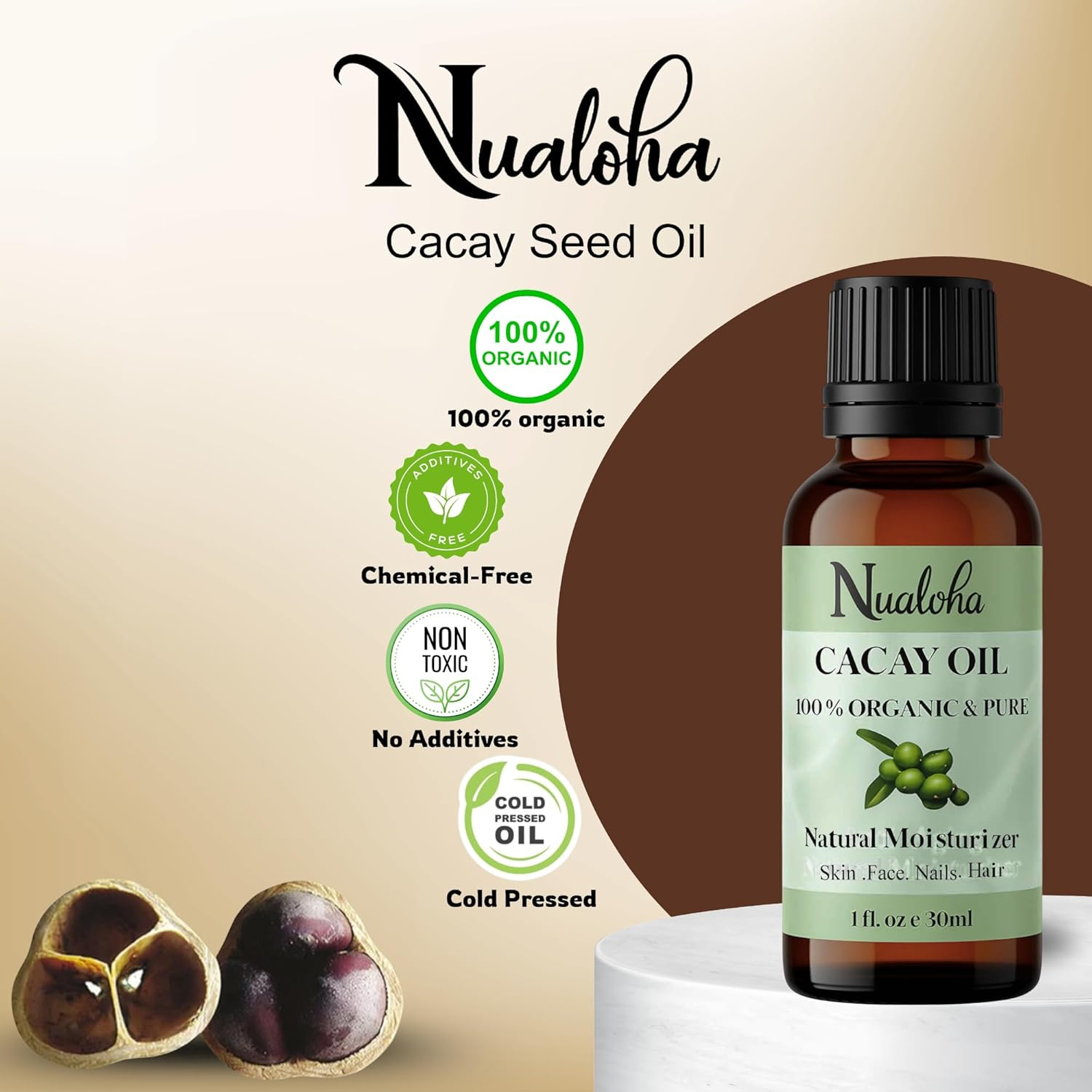 Nualoha Organic Cacay Oil - 100% Organic, Pure, Natural and Cold Pressed Moisturizer for Face, Glowing Skin, Hair Care and Nails - 30 ML