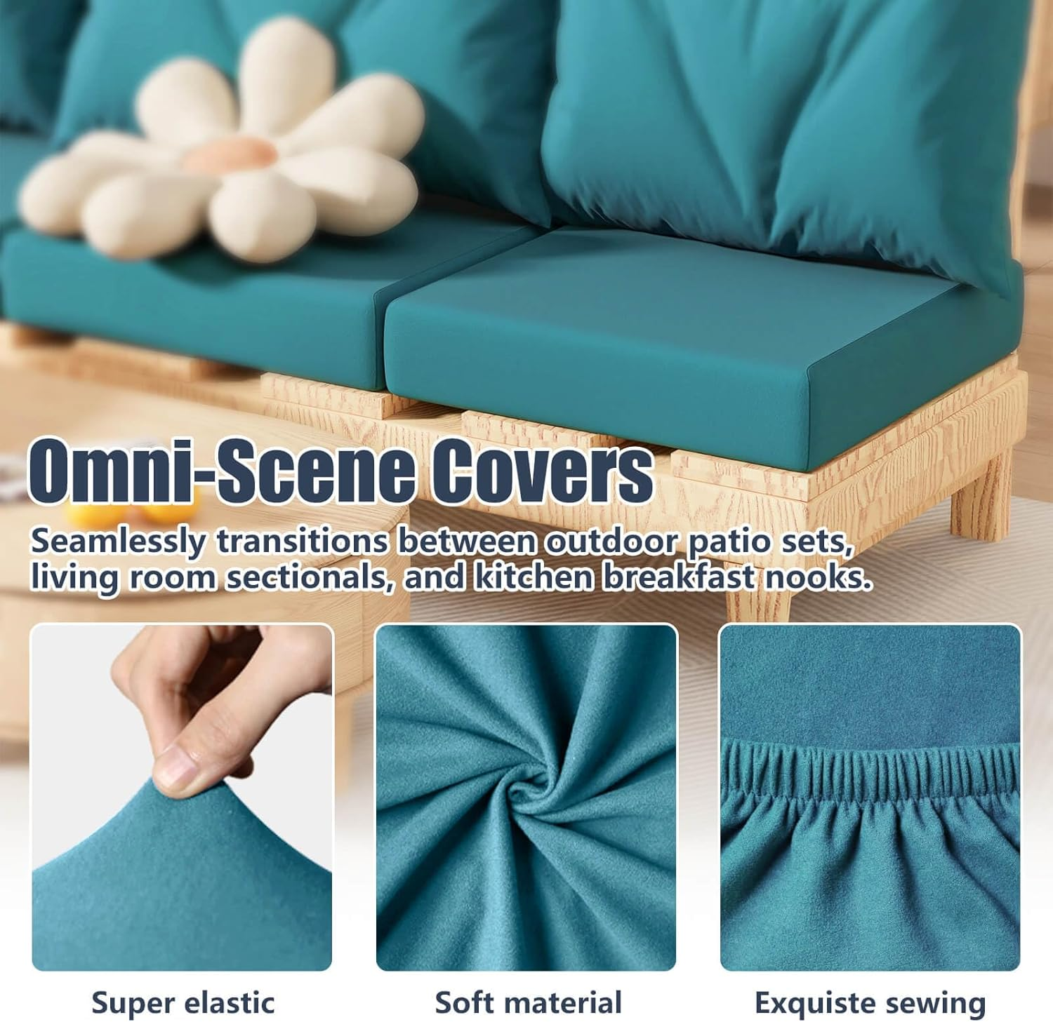 8Pcs Stretch Patio Cushion Covers, Outdoor Couch & Sofa Replacement Slipcovers for Patio Furniture Cushion Covers, Washable Reusable Furniture Protector, Square-Large, Petrol-Blue image number 3
