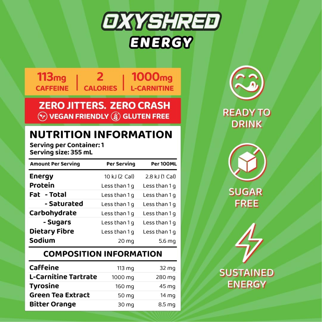 EHP Labs Oxyshred Healthy Energy Drink - Sugar Free Energy Drinks with Amino Acids, Green Tea Extract, Vitamin C & L Carnitine - Carb Free, Calorie Free, Natural Caffeine - Kiwi Strawberry (12-Pack) image number 1