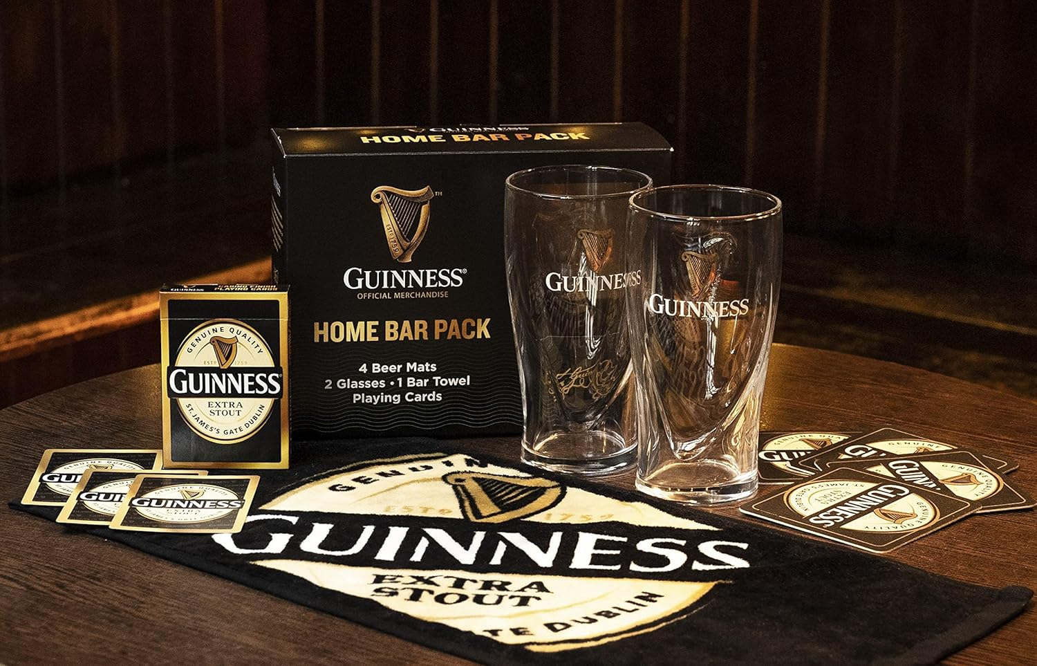 Official Guinness Home Bar Pack with Mats, Glasses, Towel & Cards
