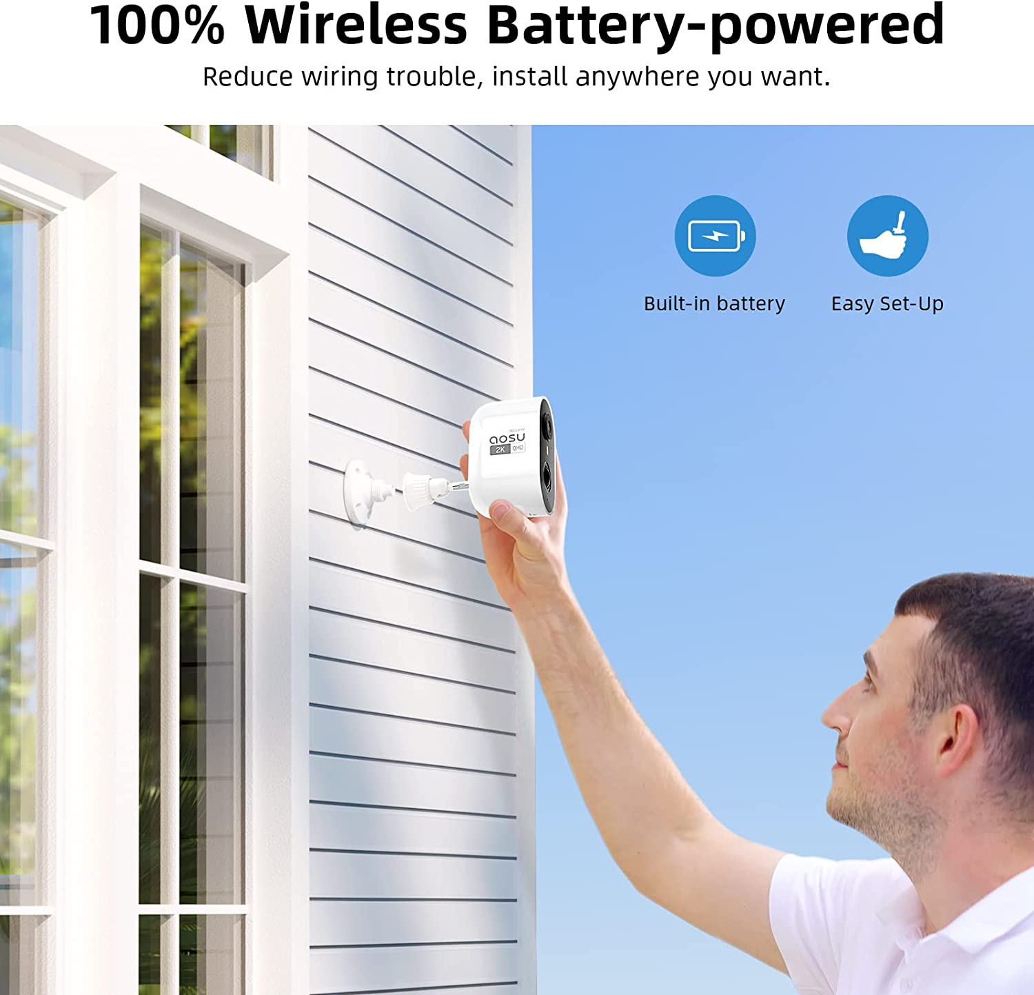 AOSU 2K Security Cameras Wireless Outdoor, Battery Powered for Home Security Cameras with PIR Human Motion Detection, Full-Color Night Vision, Spotlight & Siren, 2-Way Audio, 2.4Ghz Wifi, Waterproof