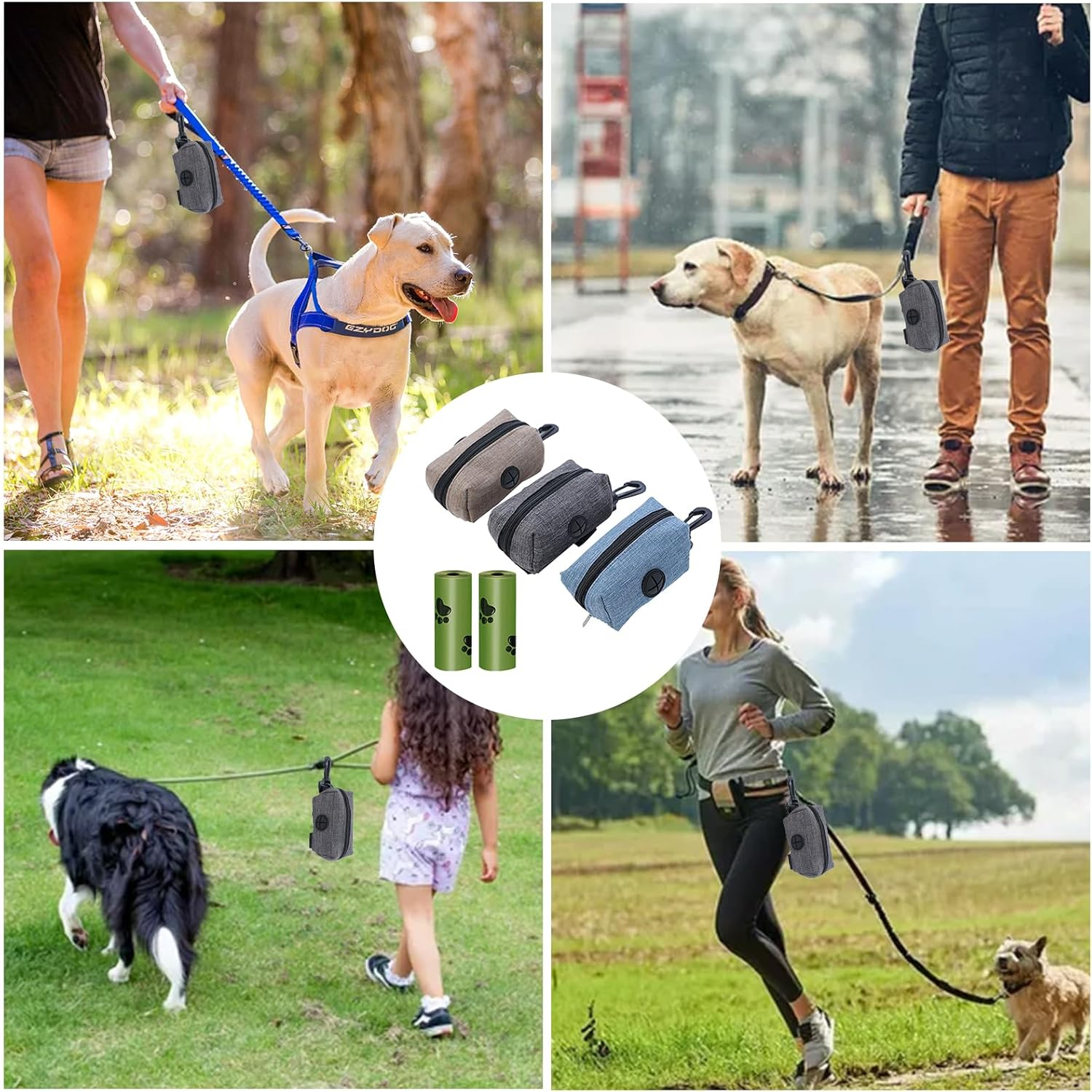 Dog Waste Bag Dispenser, Dog Waste Bag Dispenser, Dispenser for Dog Waste Bags, Pack of 3 Dog Waste Bag Dispensers, with 2 Rolls of Waste Bags for Dogs, for Walking the Dog, Running, Hiking