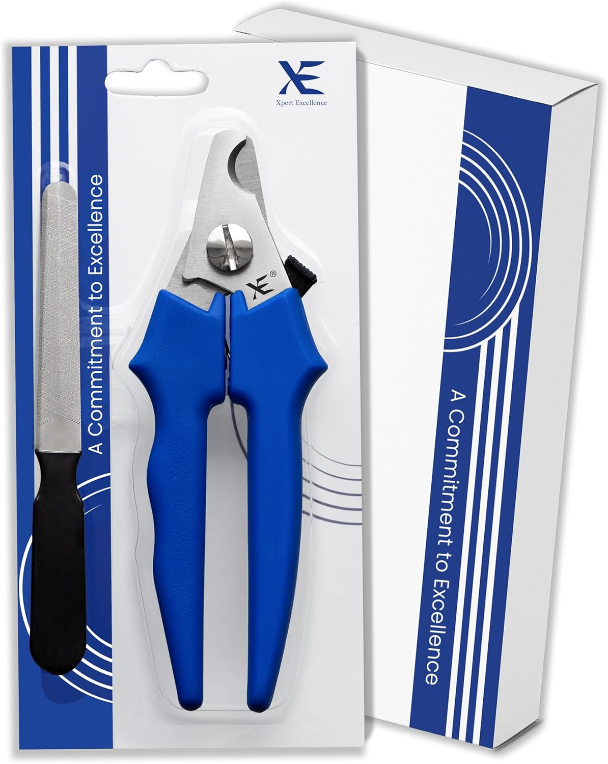 XE Stainless Steel Pet Nail Clipper &ndash; Non-Slip Handle Nail Cutter for Pets with Protection Guard, Cat and Dog Claw Trimmer with Nail File, Professional Grooming Tool for Dogs, Cats & Other Pets