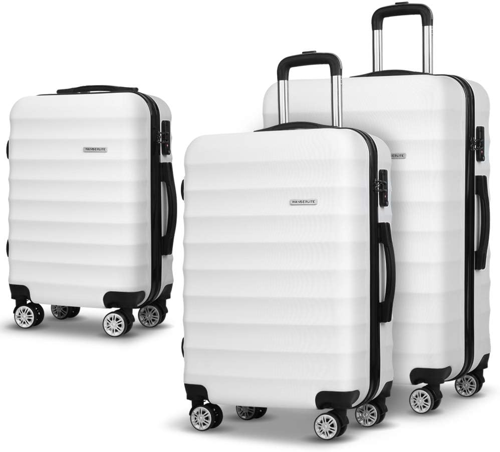 Wanderlite Luggage Set 2Pcs Trolley Suitcase Sets Hard Case Shell, Bag Carry on Adult Kids White Travel Hand Luggages, Lightweight Roller TSA Lock 4 Universal Wheels