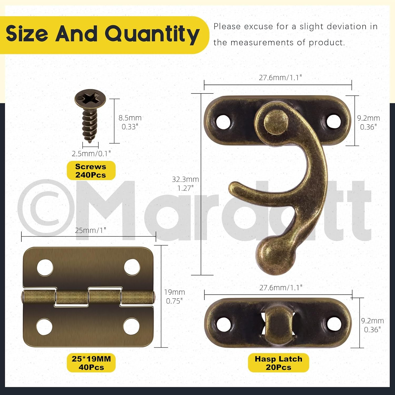 Mardatt 40Pcs Bronze Mini Box Hinges and 20 Sets Antique Right Latch Hook Hasp with 240Pcs Replacement Matching Screws Kit Jewelry Box Hasp Catch Swing Arm Latch for Decorative Cabinet Drawer image number 3