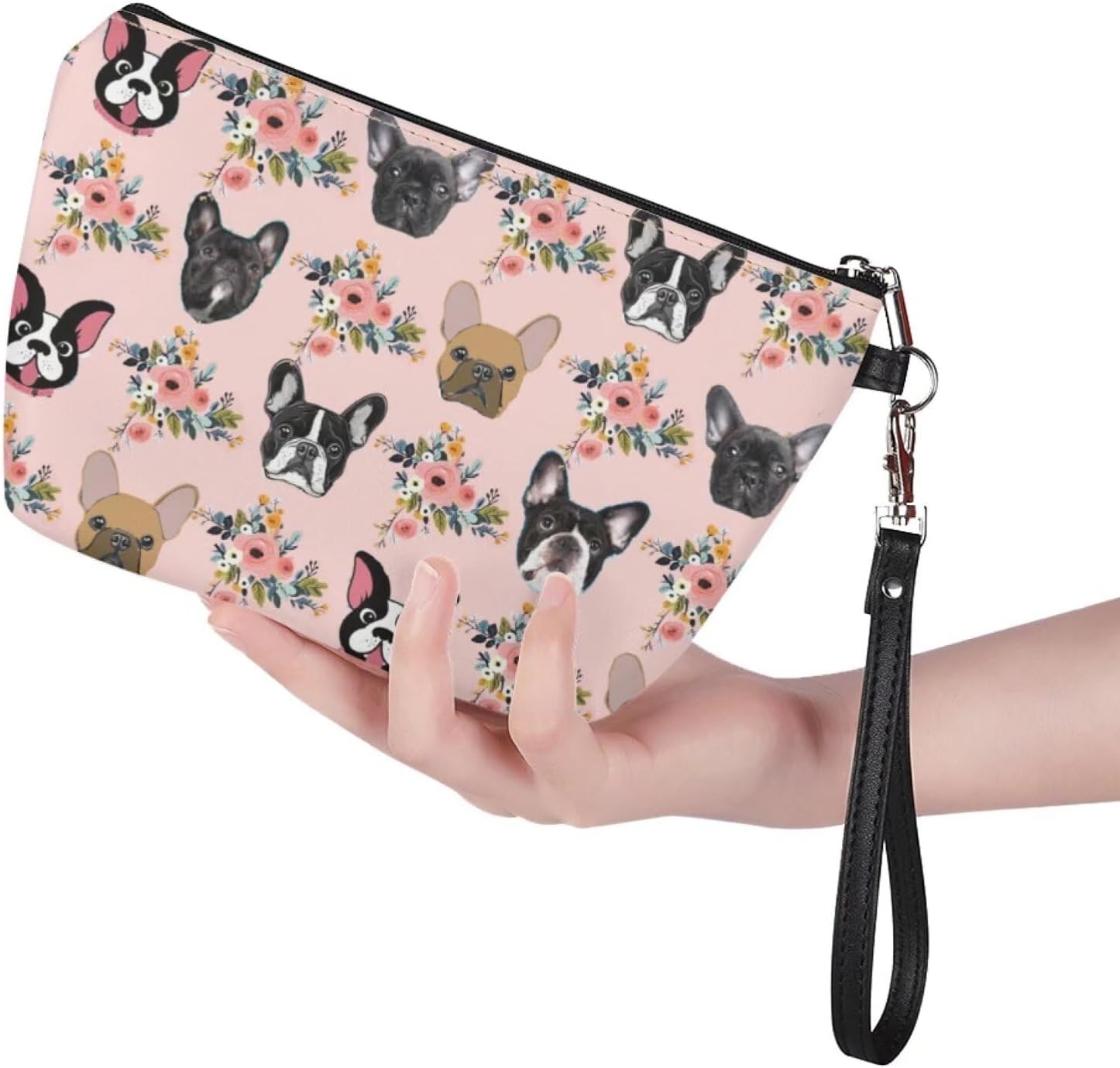 Mumeson Boston Bulldog and Flower Print Women Leather Trapezoid Toiletry Bag,Pink - Cat,Blue image number 5