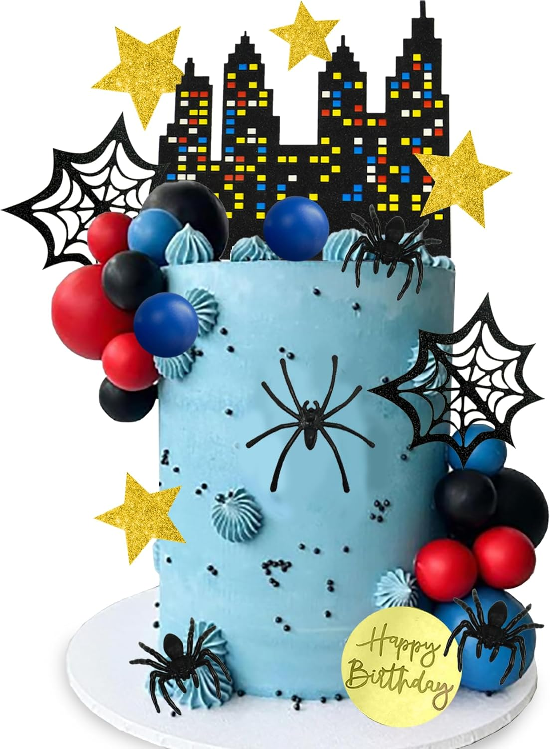 DRWATE Spider Cake Topper with Black Red and Blue Balls Spiders Webs Stars City for Boys Men Birthday Party Baby Shower Supplies (City) image number 5