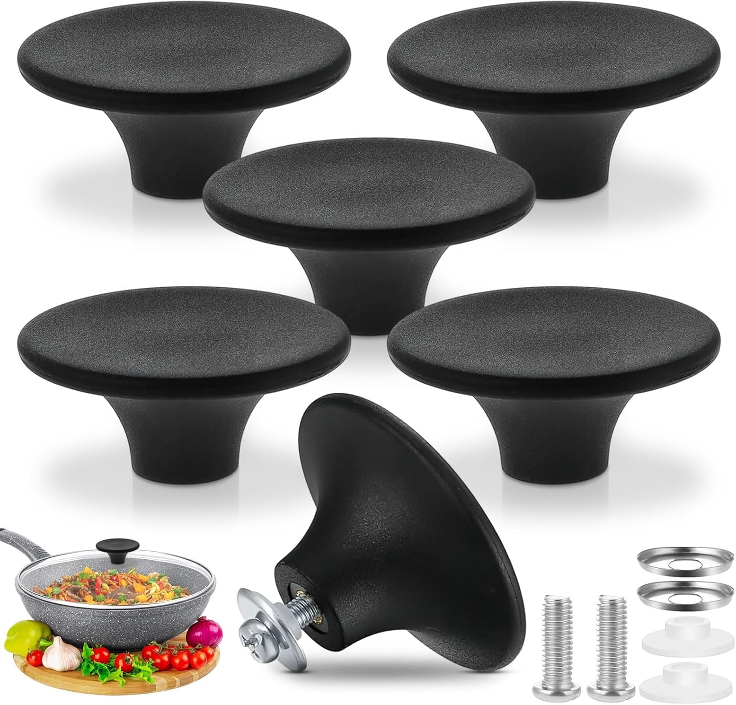 Universal Pot Lid Knobs, 6 Pcs Pot Lid Replacement Knob, Pot Lid Knobs for Frying Pan, Slow Cookers, Skillets and Non-Stick (Black) image number 1