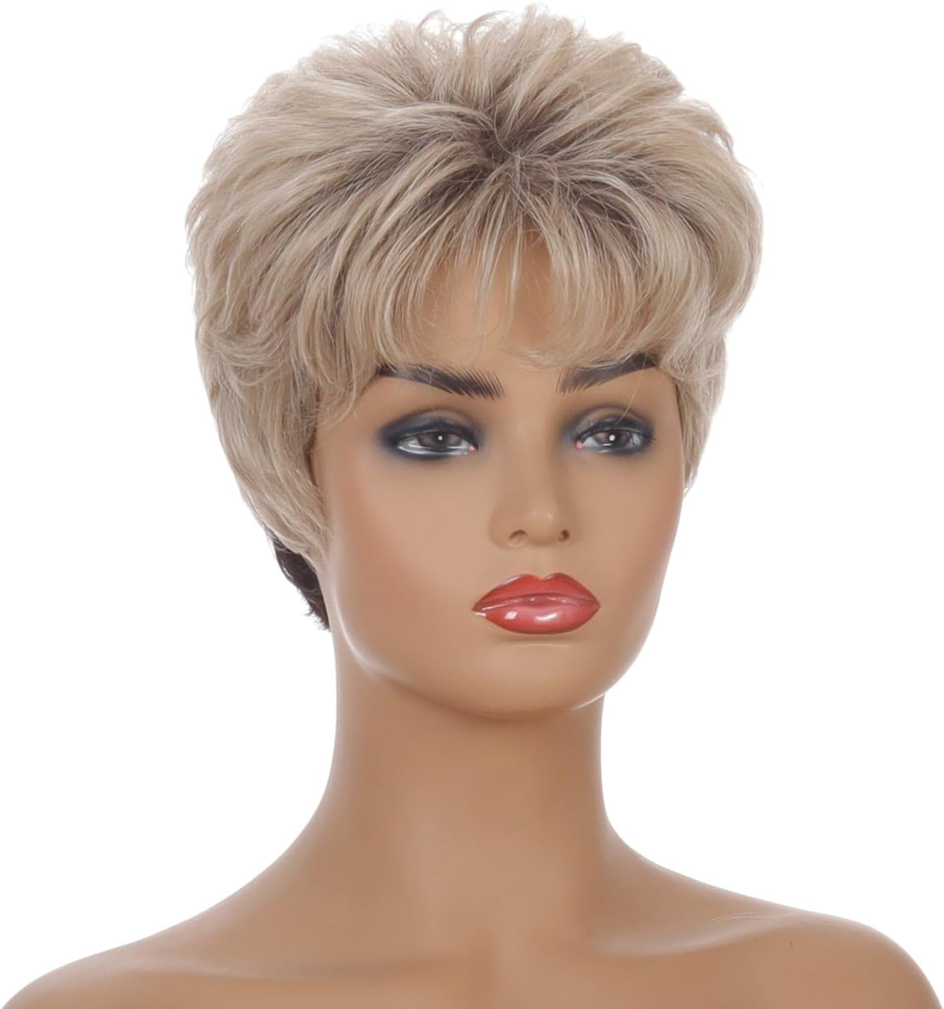 AUBWIG Short Black Ombre Blonde Light Curly Hair Women'S Wig with Fringe Wig Natural Fluffy Synthetic Hair Wig Tiered Heat Resistant Wigs (Black Ombre Blonde) image number 2