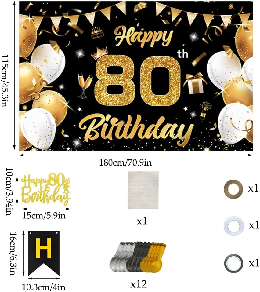 Black Gold Happy 80Th Birthday Banner Backdrop Kit with 12 Balloons,Cake Topper,1.8M X 1.15M Birthday Decorations for Parties,Photography-Premium Birthday Party Supplies for Men Women image number 5