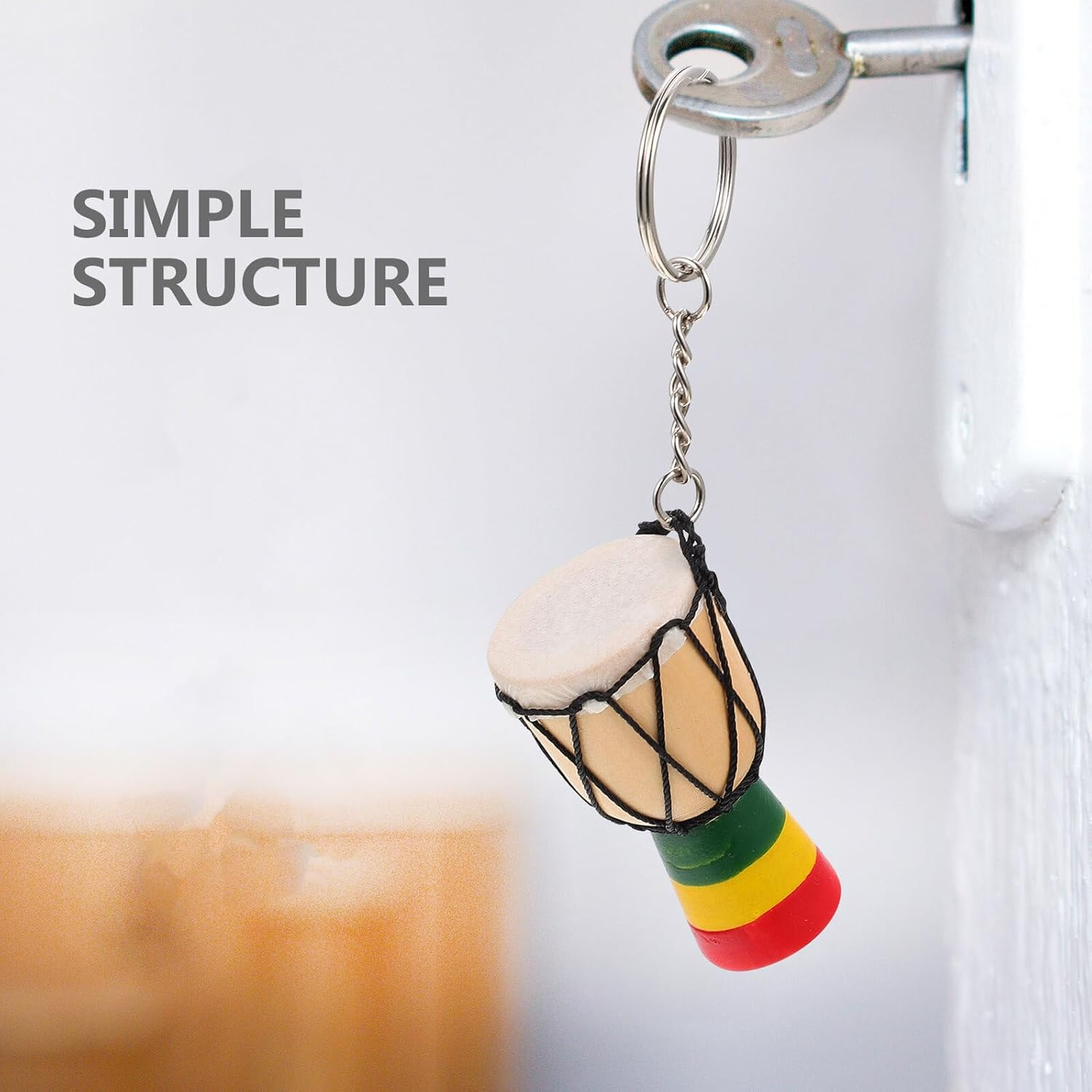 WHAMVOX African Drum Pendant Keychain Set, 3Pcs Wooden Mini African Drum Key Rings with Leather Stitching, Decorative Key Hanging Charms for Travel and Souvenirs Random Style image number 1