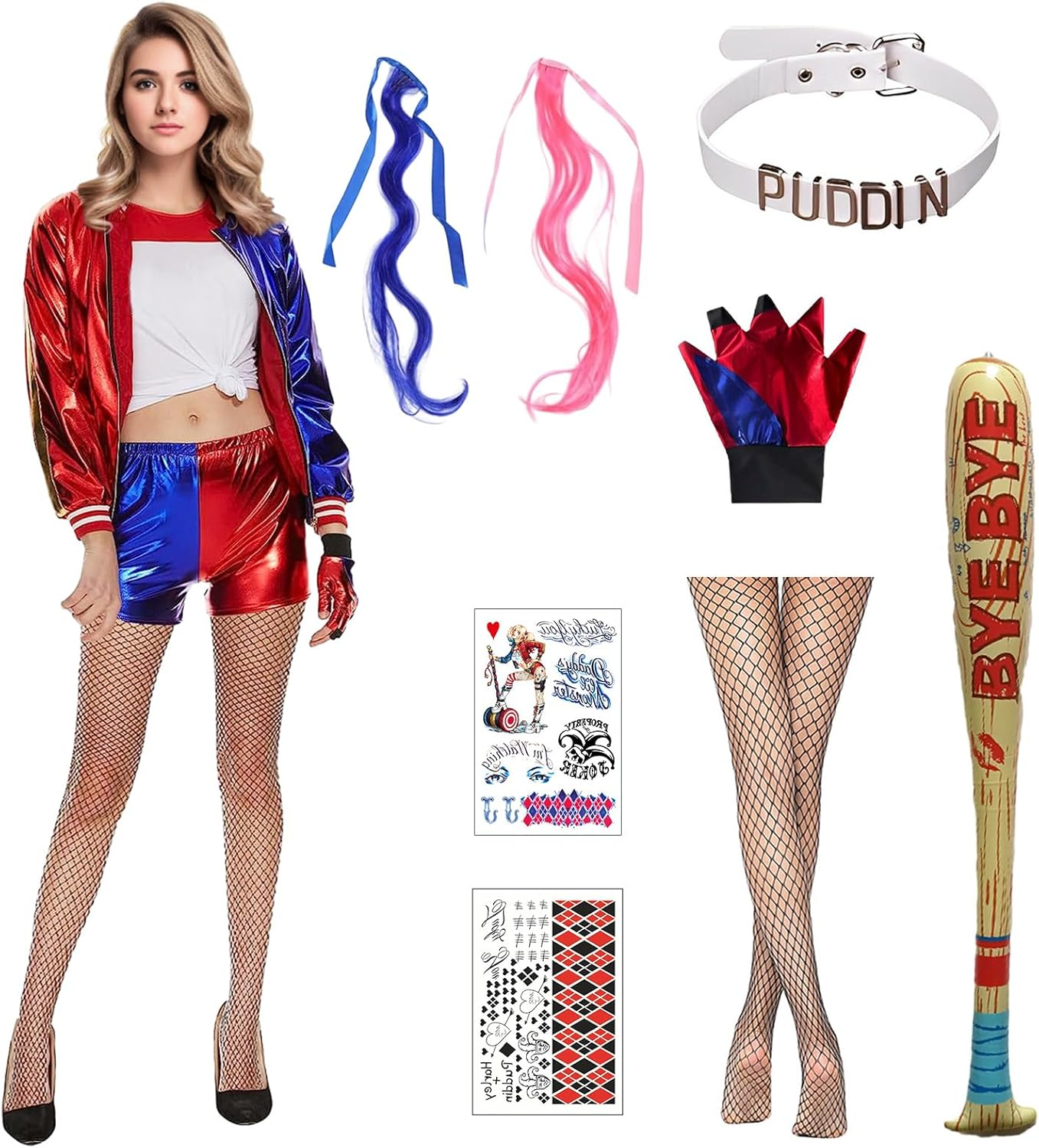 Halloween Cosplay Costumes for Women,Womens Super Villain Fancy Dress for Halloween Jacket Shorts T-Shirt Glove Collar 2 Wigs PVC Inflatable Stickers 2 Stickers for Various Costume Parties image number 1